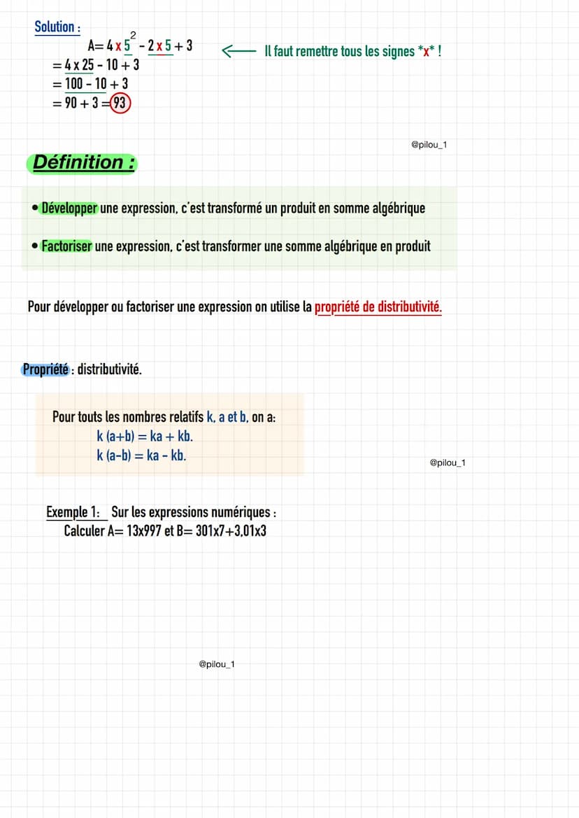 1: Définitions
Une expression littérale est une expression comportant des lettres appelées variables qui représentent des
nombres.
2
Exemple