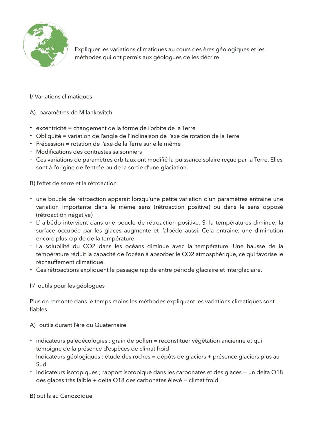 Expliquer les variations climatiques au cours des ères géologiques les
méthodes qui ont permis aux géologues de les décrire
I/ Variations cl