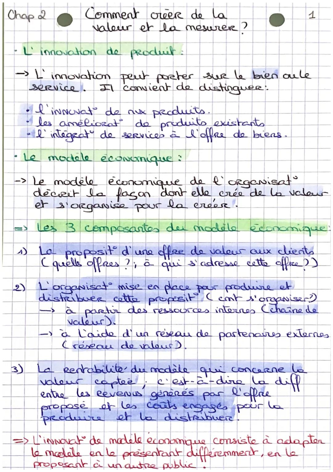 Chap 2
Comment créer de la
valeur et la mesurer?
L' innovation de produit:
→> L'innovation peut poster sur le bien oule
service. Il convient