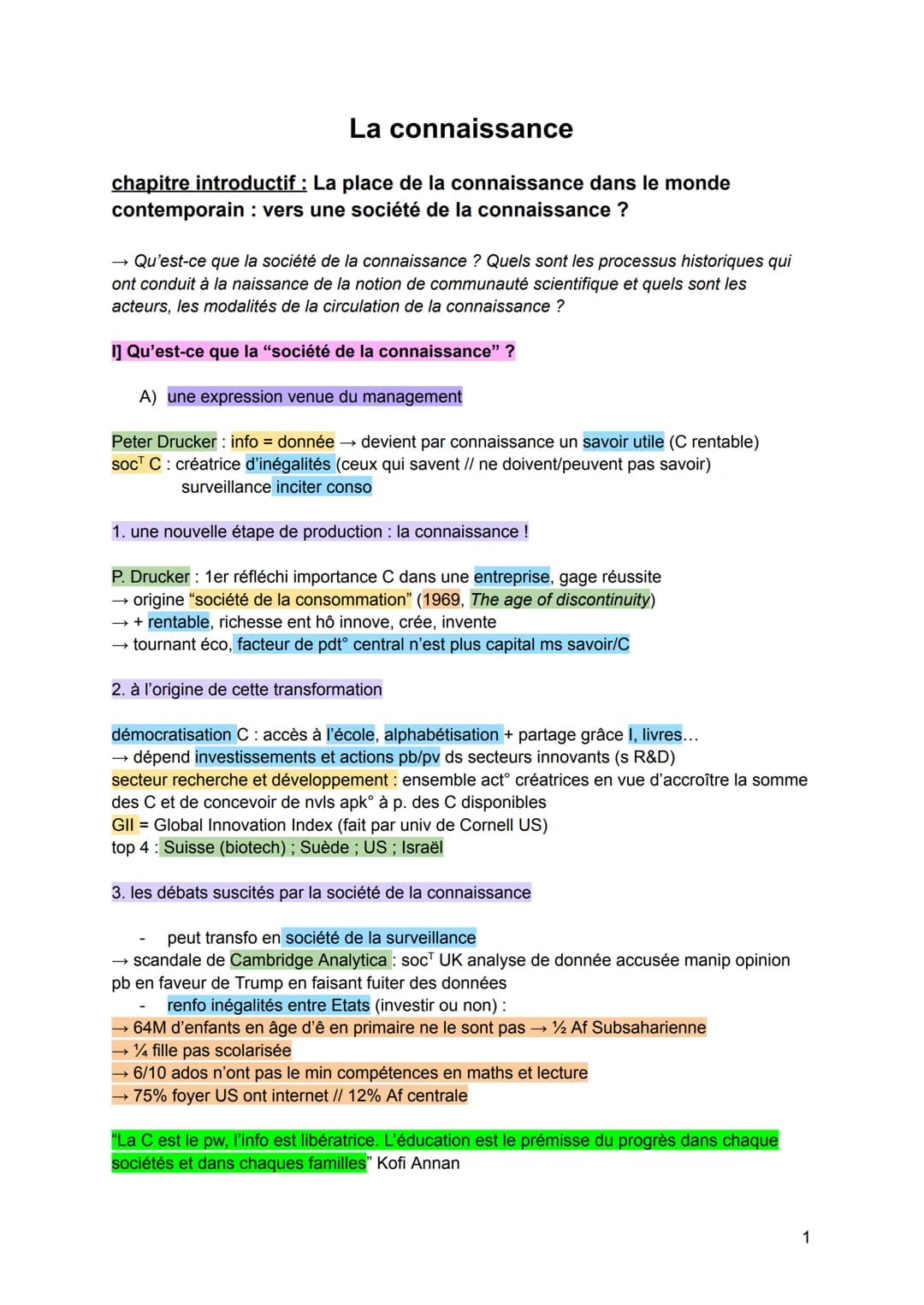La connaissance
chapitre introductif : La place de la connaissance dans le monde
contemporain : vers une société de la connaissance ?
→ Qu'e