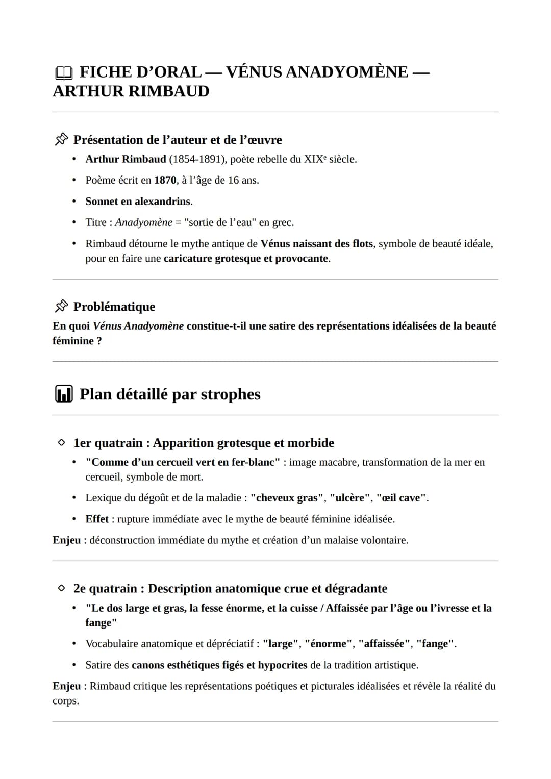 --- OCR Start ---
FICHE D'ORAL - VÉNUS ANADYOMÈNE -
ARTHUR RIMBAUD
Présentation de l'auteur et de l'œuvre
- Arthur Rimbaud (1854-1891), poèt