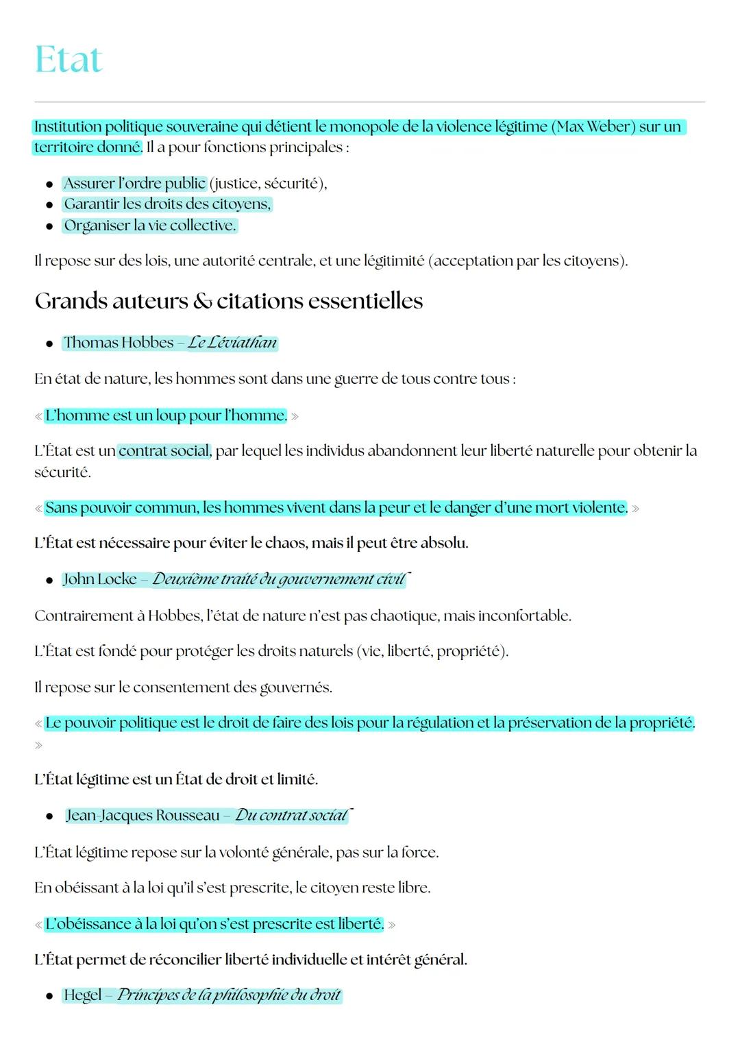 Etat
Institution politique souveraine qui détient le monopole de la violence légitime (Max Weber) sur un
territoire donné. Il a pour fonctio