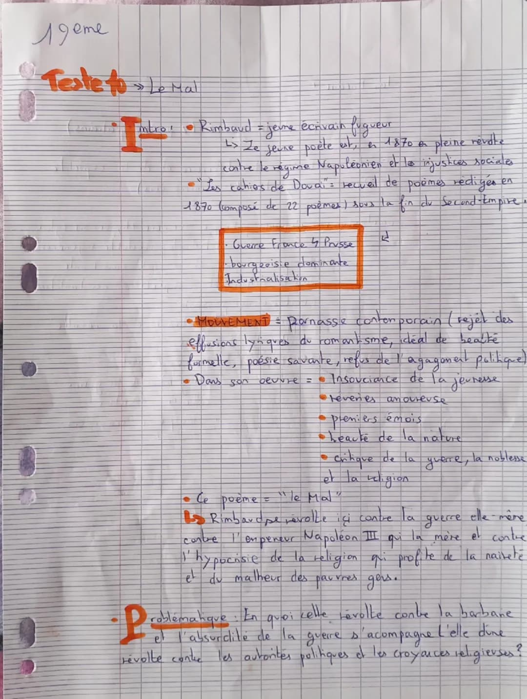 19eme
Teste fo
Le Mal
ro: • Rimbaud = jeune écrivain fugueur
L> Ze jeune poète est, en 1870 on
pleine
revote
contre le régime Napoléonien et