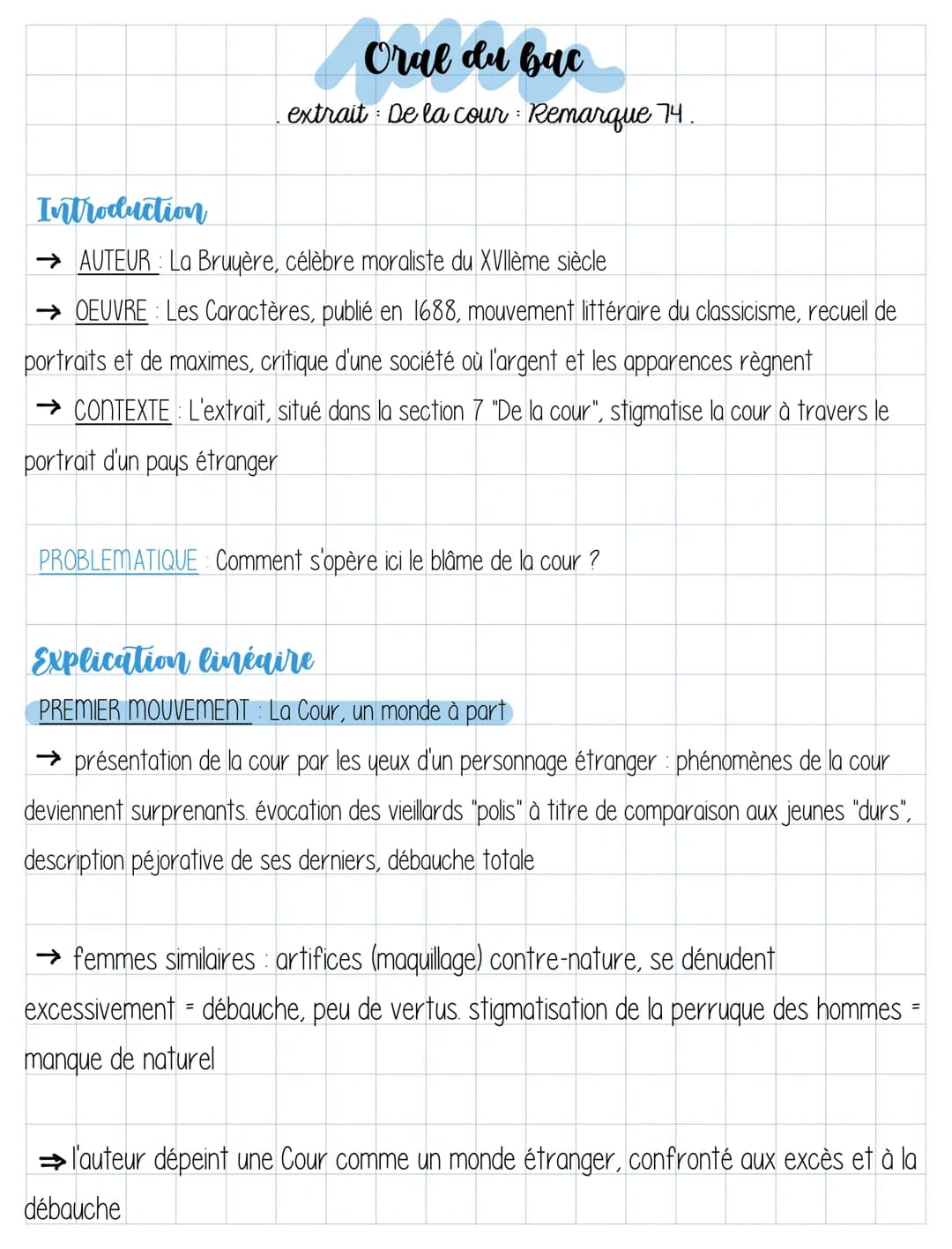 Oral du bac
extrait De la cour Remarque 74.
:
Introduction
→ AUTEUR: La Bruyère, célèbre moraliste du XVIIème siècle
→OEUVRE Les Caractères,