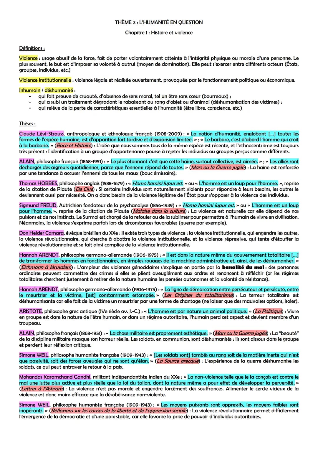 THÈME 2: L'HUMANITÉ EN QUESTION
Chapitre 1: Histoire et violence
Définitions :
Violence : usage abusif de la force, fait de porter volontair