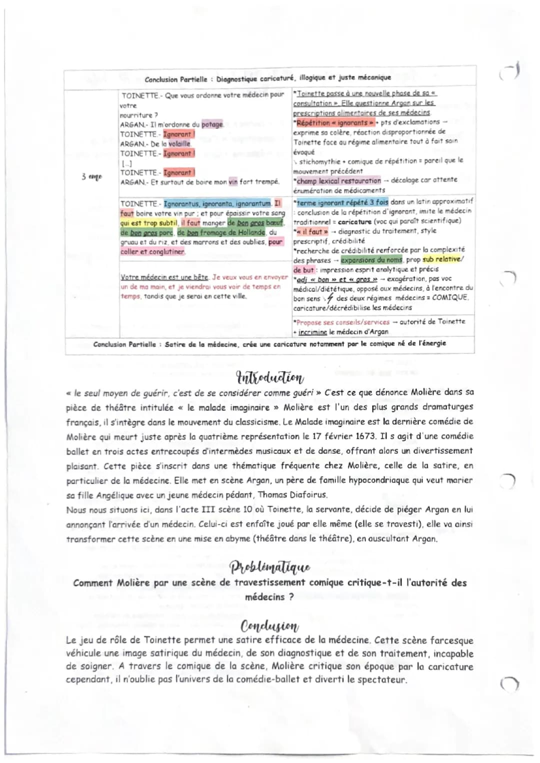 10
Analyse linéaire- « le malade imaginaire ». Acte
3. Scene 10
Décomposition en 3 mouvements :
1. Toinette médecin: caricature de l'autorit