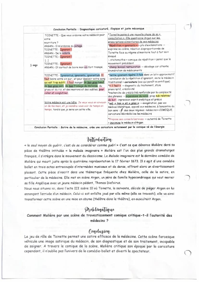 10
Analyse linéaire- « le malade imaginaire ». Acte
3. Scene 10
Décomposition en 3 mouvements :
1. Toinette médecin: caricature de l'autorit