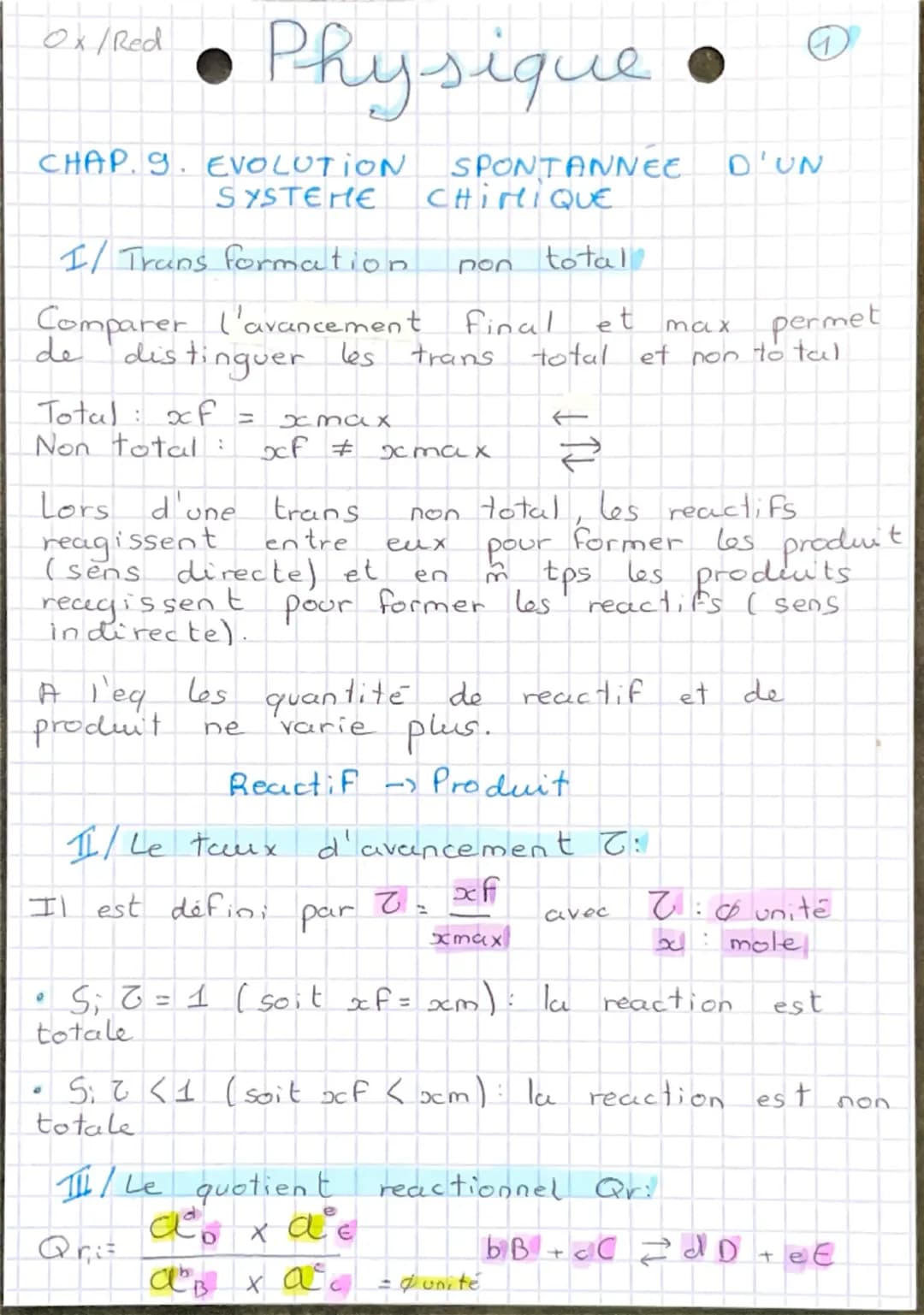 Ok/Red
Physique
CHAP. 9. EVOLUTION SPONTANNEE D'UN
SYSTEHE
I/Trans formation
CHIMIQUE
total
et
pon
Comparer l'avancement Final
de
distinguer