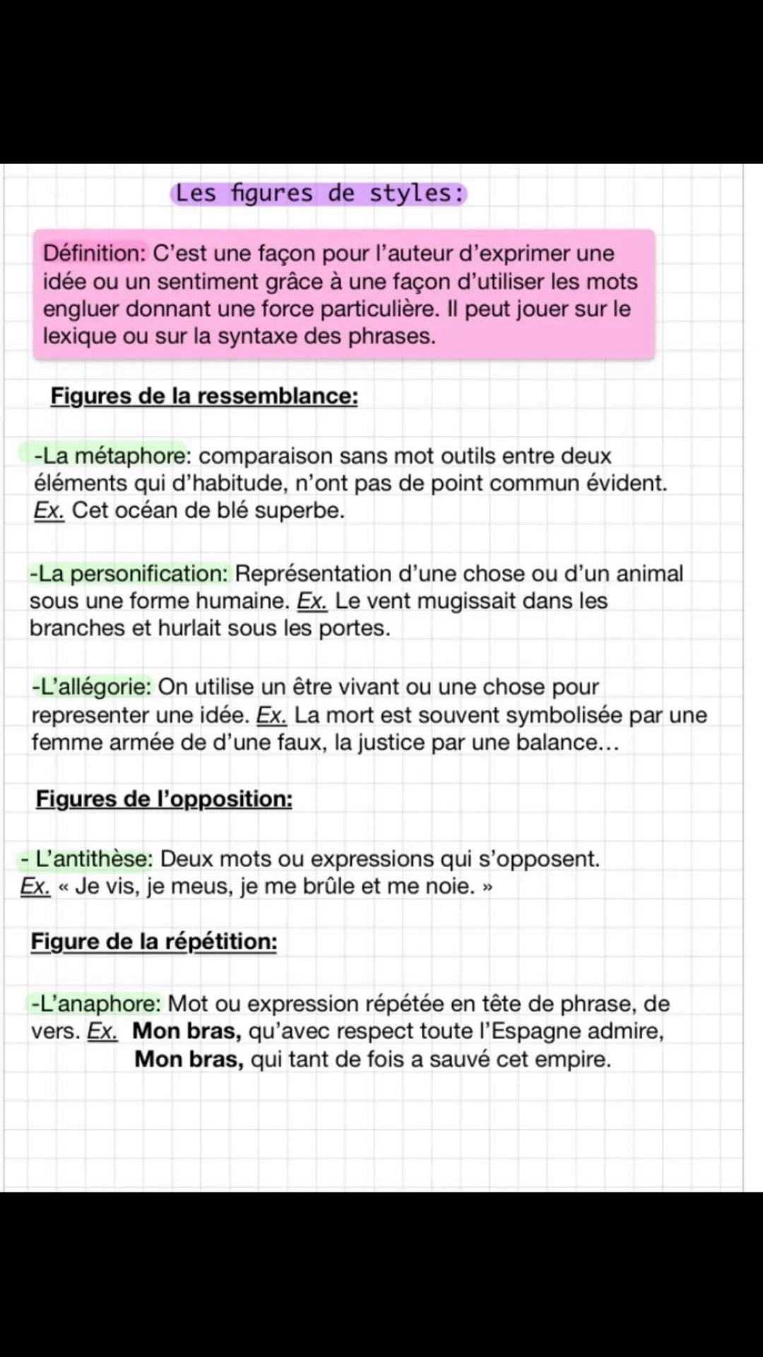 Les figures de styles:
Définition: C'est une façon pour l'auteur d'exprimer une
idée ou un sentiment grâce à une façon d'utiliser les mots
e