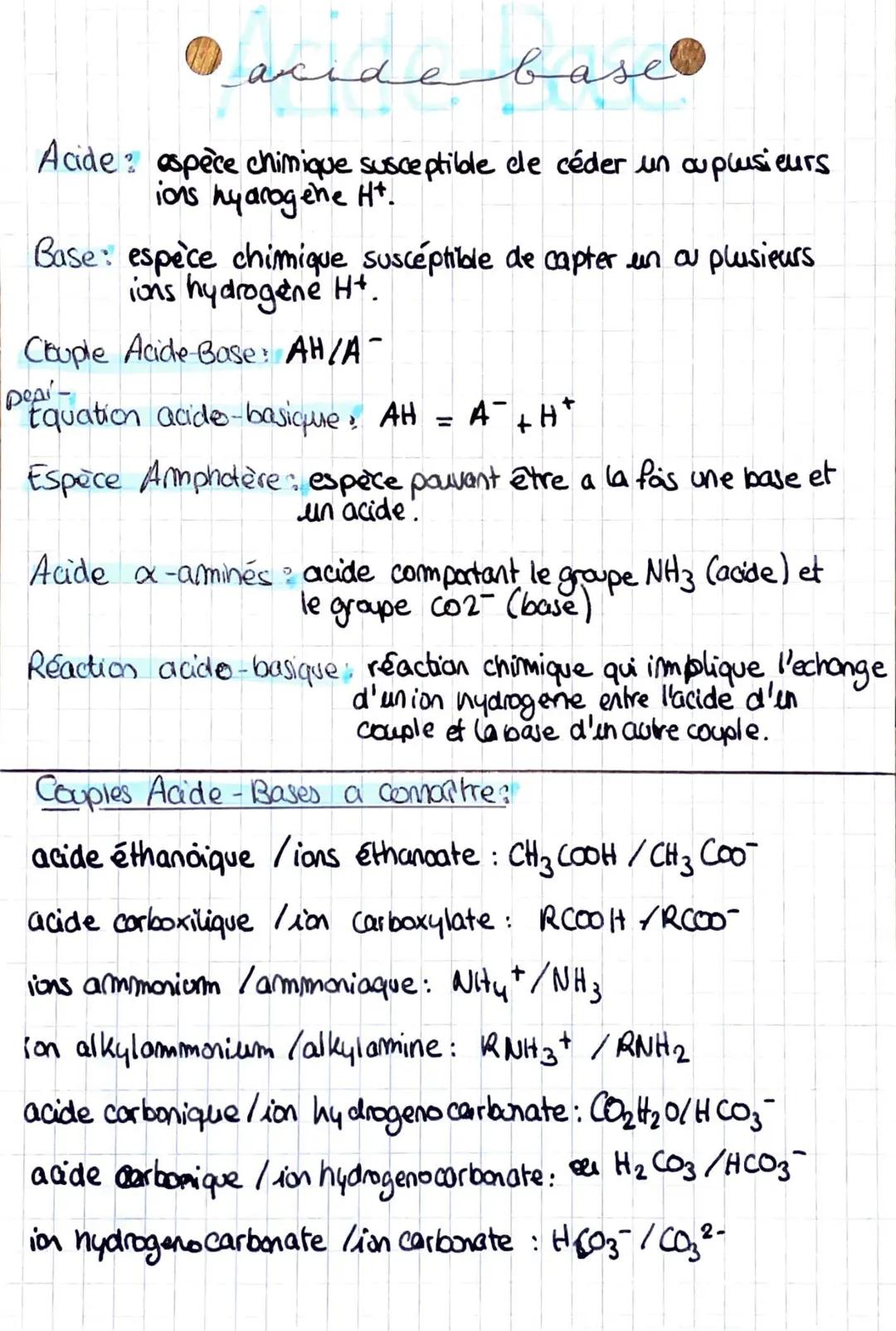 acide base
Acide aspèce chimique susceptible de céder un ou plusieurs
ions hydrogène H+.
Base: espèce chimique susceptible de capter un ou p