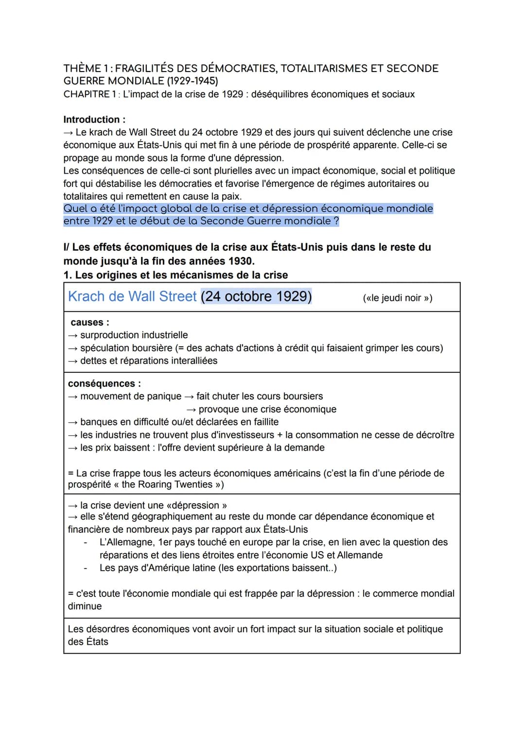 THÈME 1: FRAGILITÉS DES DÉMOCRATIES, TOTALITARISMES ET SECONDE
GUERRE MONDIALE (1929-1945)
CHAPITRE 1: L'impact de la crise de 1929: déséqui