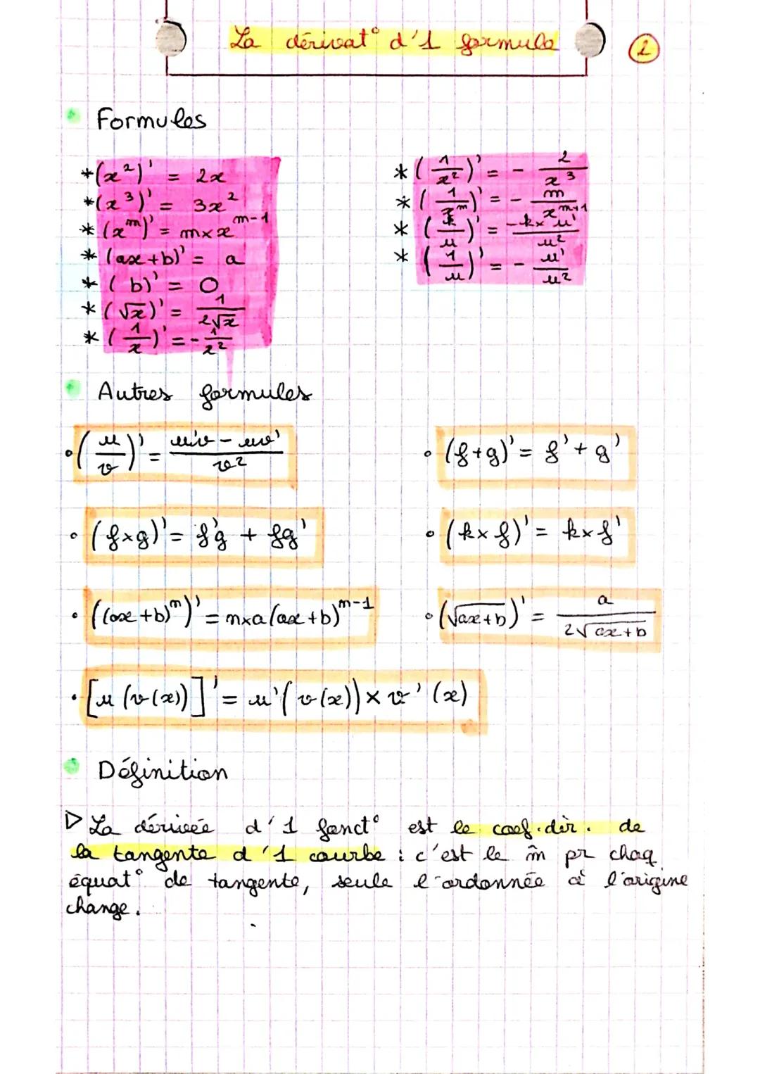 La derivat d'1 formule

Formules

*$(x^2)' = 2x$
*$(x^3)' = 3x^2$
*$(x^m)' = mx^{m-1}$
*$(ax+b)' = a$
*$(b)' = 0$
*$(\sqrt{x})' = \frac{1}{2