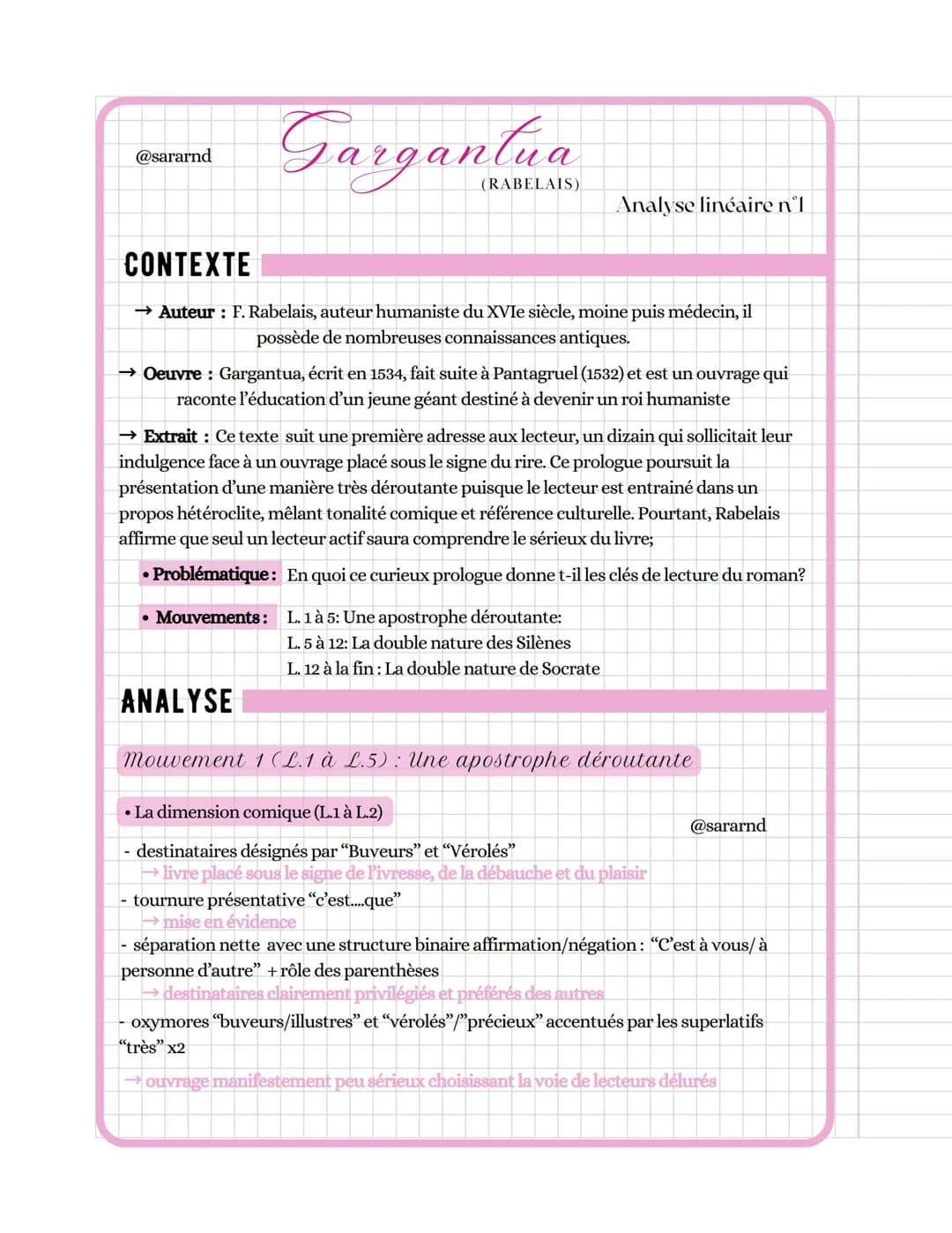 @sararnd
Gargantua
(RABELAIS)
CONTEXTE
→ Auteur : F. Rabelais, auteur humaniste du XVIe siècle, moine puis médecin, il
possède de nombreuses