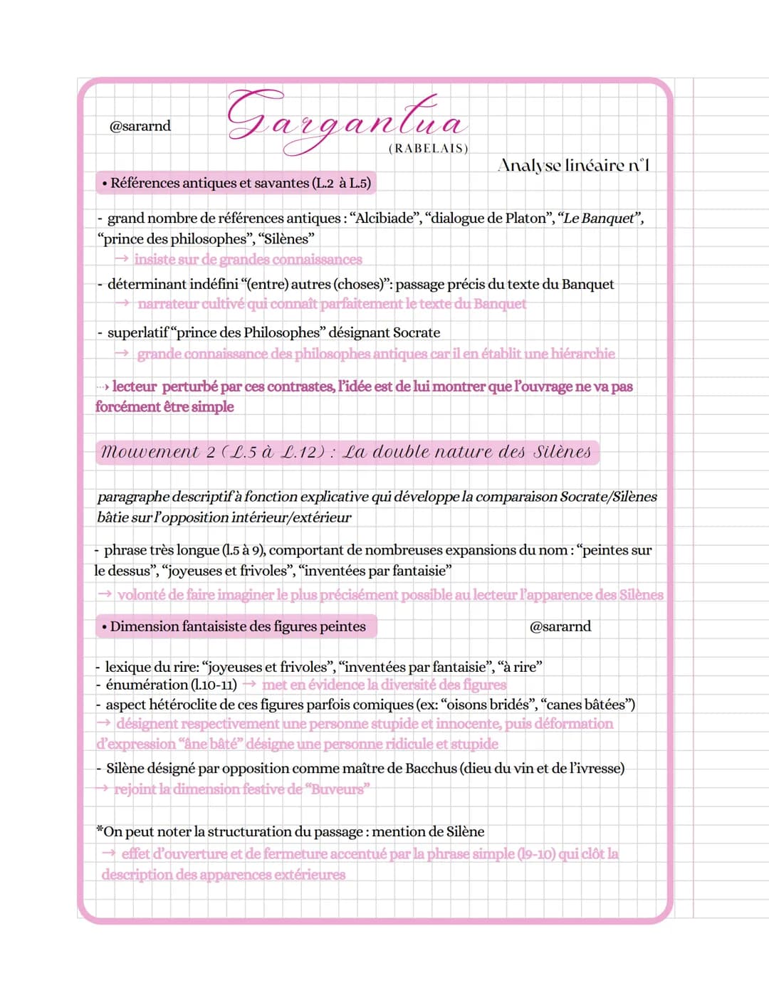 @sararnd
Gargantua
(RABELAIS)
CONTEXTE
→ Auteur : F. Rabelais, auteur humaniste du XVIe siècle, moine puis médecin, il
possède de nombreuses