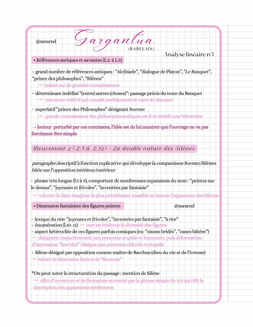 @sararnd
Gargantua
(RABELAIS)
CONTEXTE
→ Auteur : F. Rabelais, auteur humaniste du XVIe siècle, moine puis médecin, il
possède de nombreuses