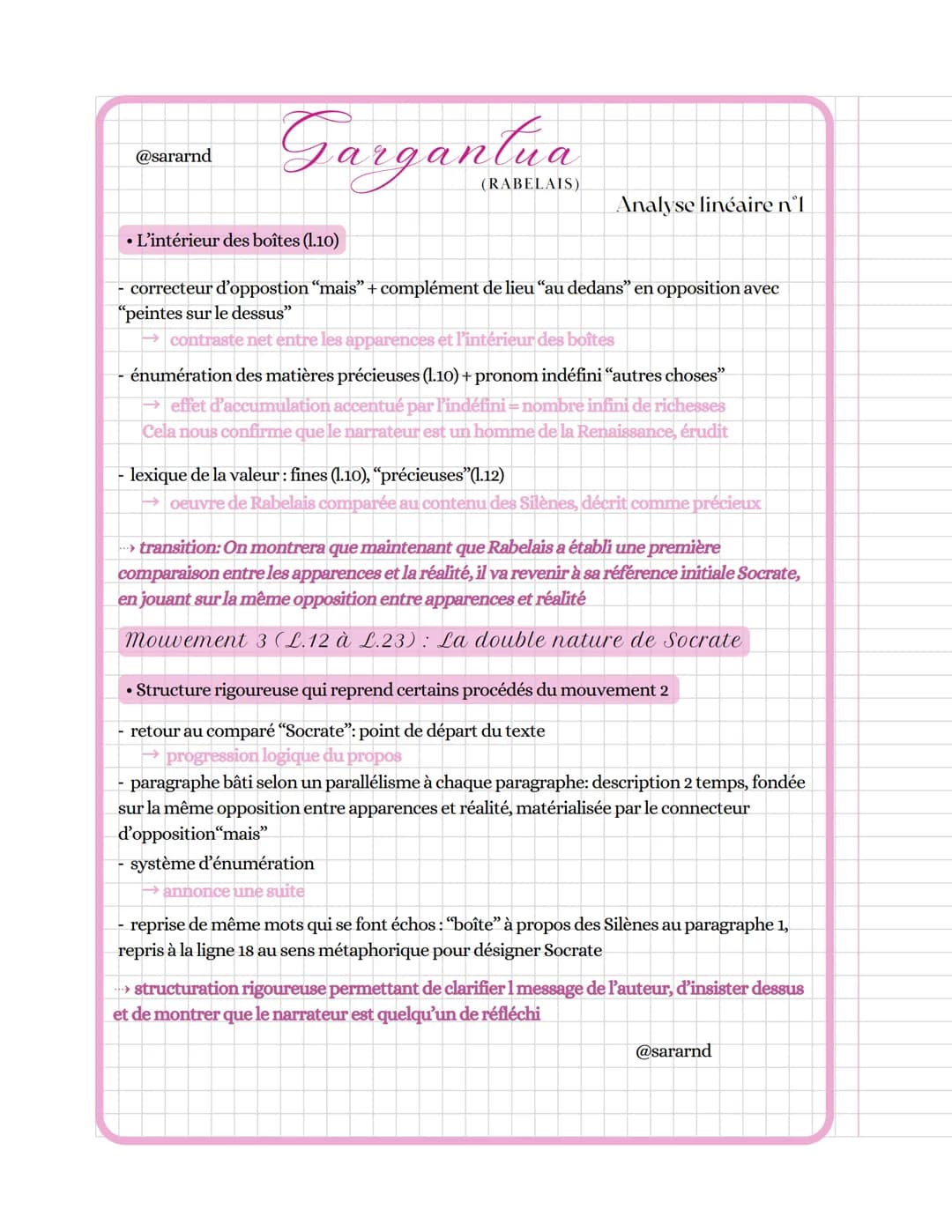 @sararnd
Gargantua
(RABELAIS)
CONTEXTE
→ Auteur : F. Rabelais, auteur humaniste du XVIe siècle, moine puis médecin, il
possède de nombreuses