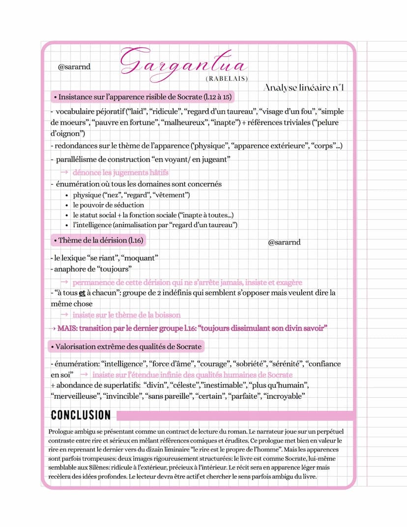 @sararnd
Gargantua
(RABELAIS)
CONTEXTE
→ Auteur : F. Rabelais, auteur humaniste du XVIe siècle, moine puis médecin, il
possède de nombreuses