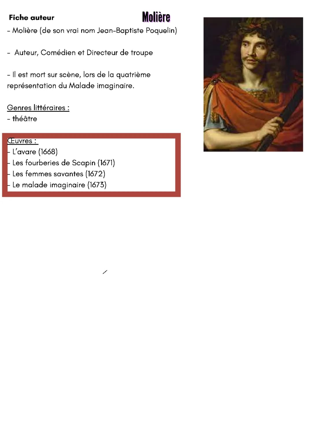 Molière: Fiche auteur et biographie courte pour exposé