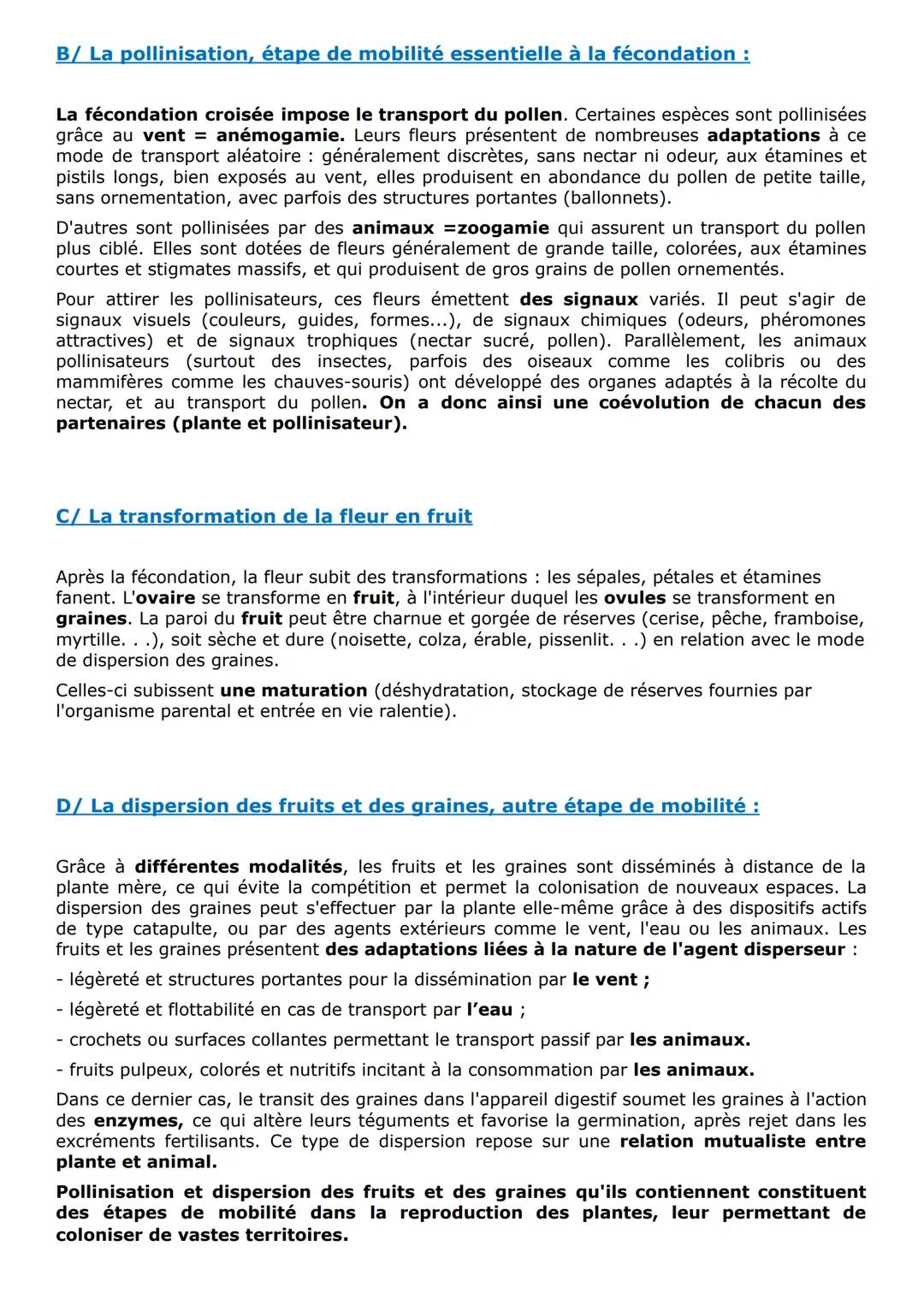 Thème 2: partie B: De la plante sauvage à la plante domestiquée
Chapitre 3: La reproduction de la plante: entre vie fixée et mobilité
La vie