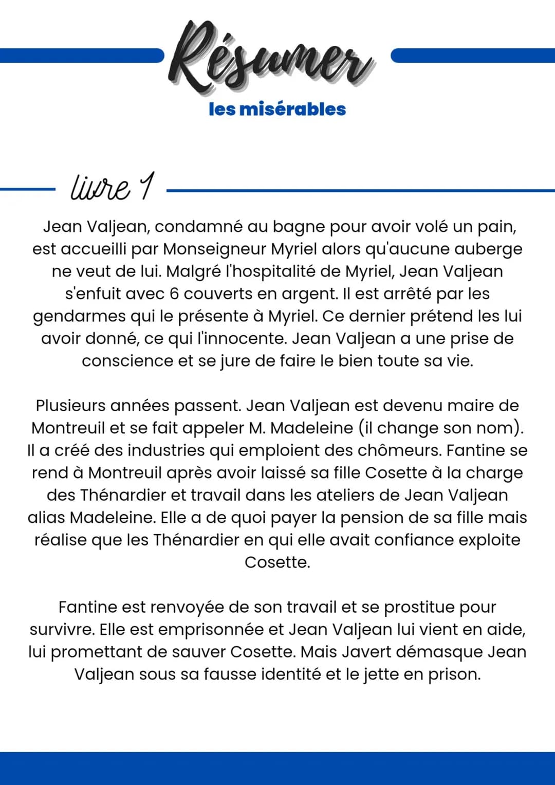 
<h2 id="livre1">Livre 1</h2>
<p>Dans ce premier livre des Misérables, nous voyons comment Jean Valjean, un homme condamné au bagne pour avo