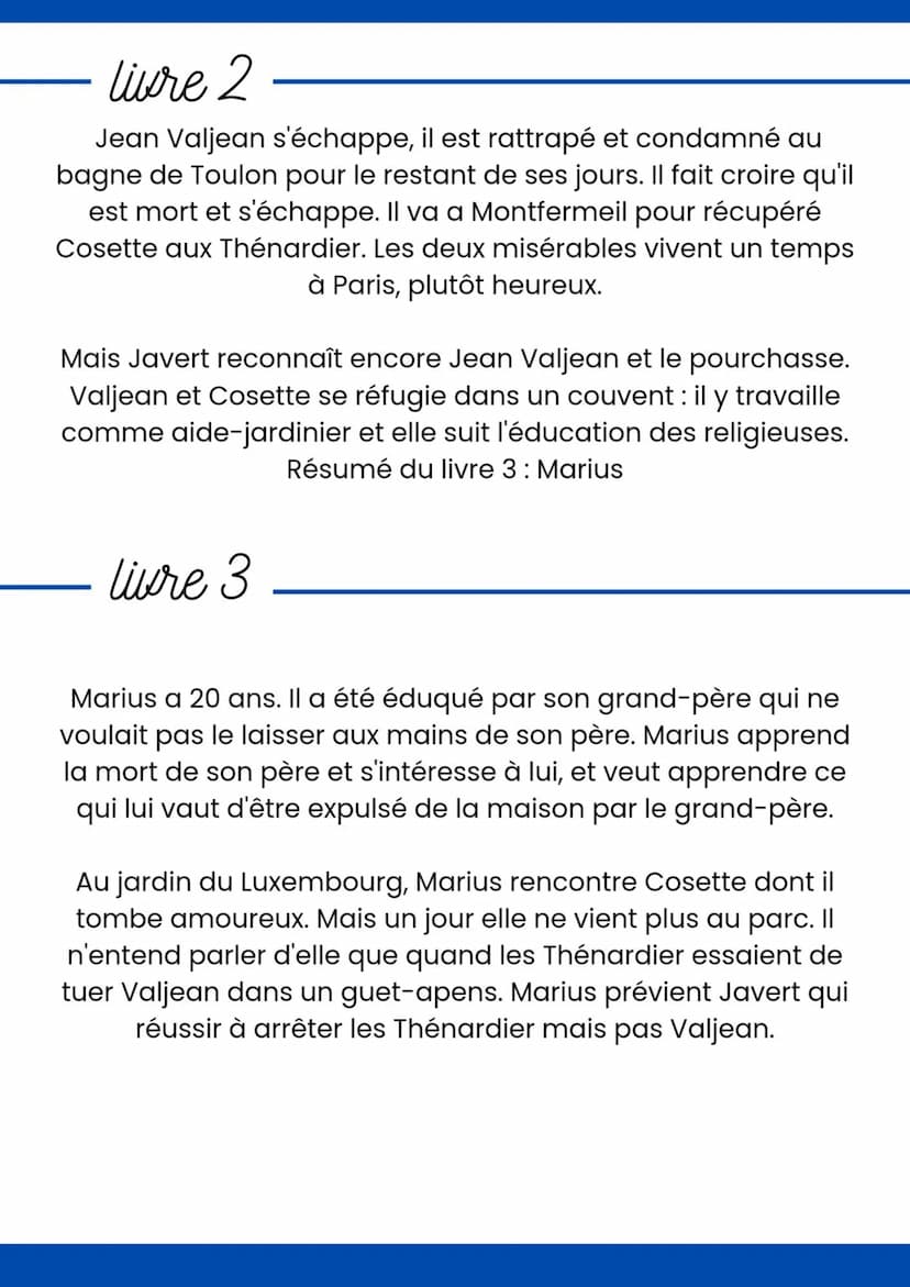 
<h2 id="livre1">Livre 1</h2>
<p>Dans ce premier livre des Misérables, nous voyons comment Jean Valjean, un homme condamné au bagne pour avo
