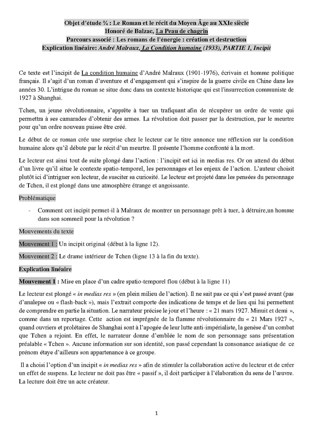 Explication linéaire André Malraux: La Condition humaine Incipit, Partie 1