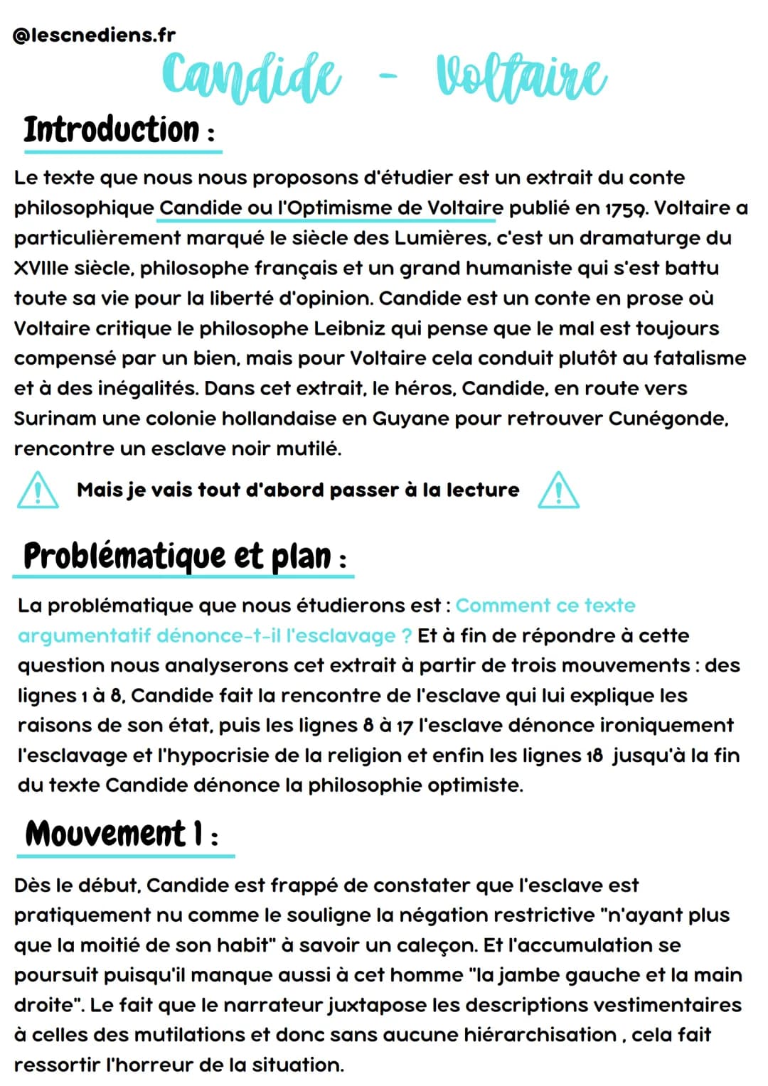 @lescnediens.fr
"Candide
- Voltaire
Le texte que nous nous proposons d'étudier est un extrait du conte
philosophique Candide ou l'Optimisme 