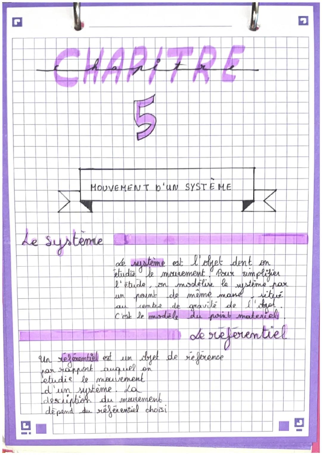 # CHAPITRE

# 5

MOUVEMENT D'UN SYSTÈME

Le système

de système est l'objet dent on
étudie le mouvement Pour simplifier
l'étude, on modélise
