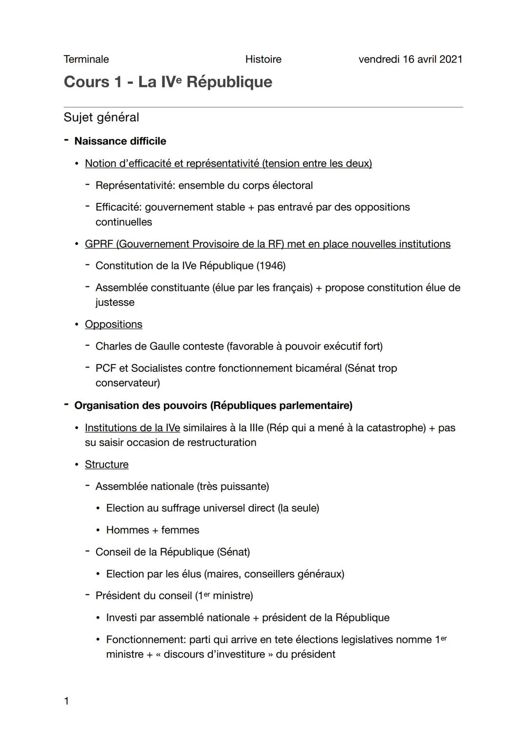 Terminale
Histoire vendredi 16 avril 2021
Cours 1 - La IVe République

Sujet général

- Naissance difficile

- Notion d'efficacité et représ