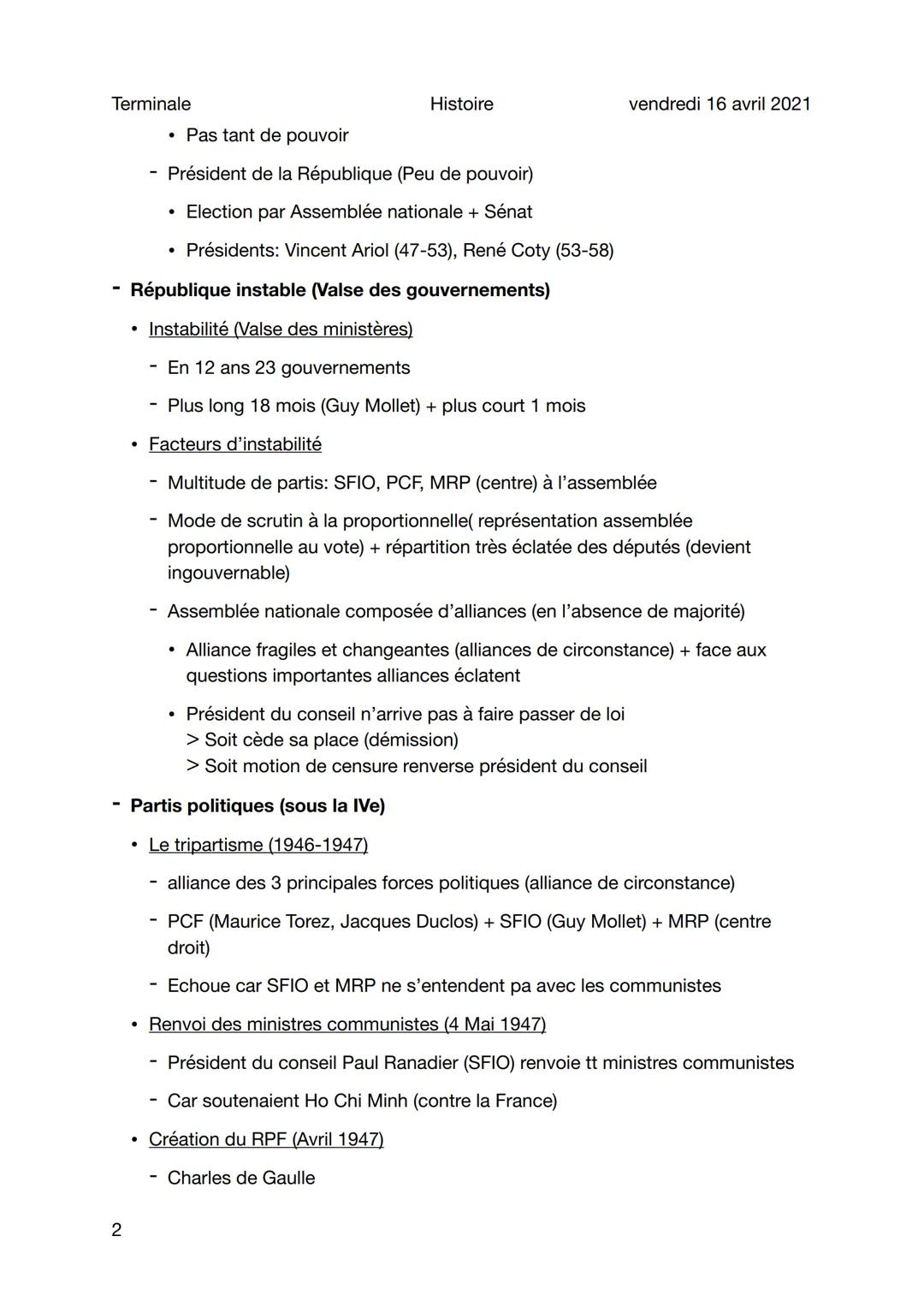 Terminale
Histoire vendredi 16 avril 2021
Cours 1 - La IVe République

Sujet général

- Naissance difficile

- Notion d'efficacité et représ
