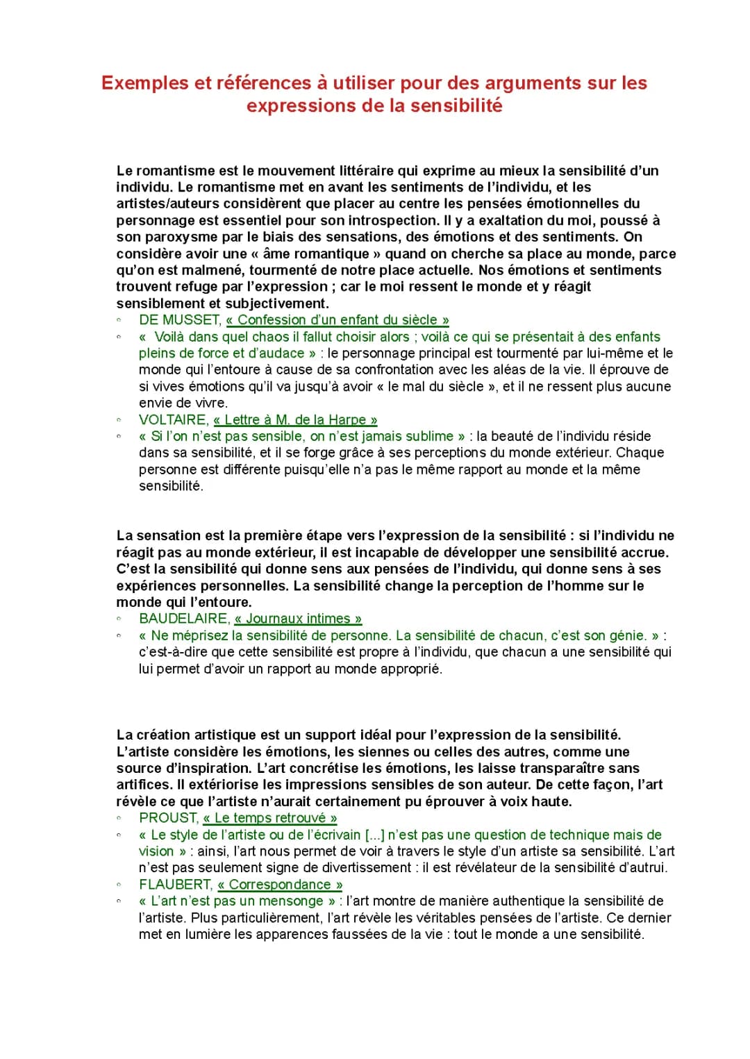 Sujet HLP: Les expressions de la sensibilité - Exemples et Citations