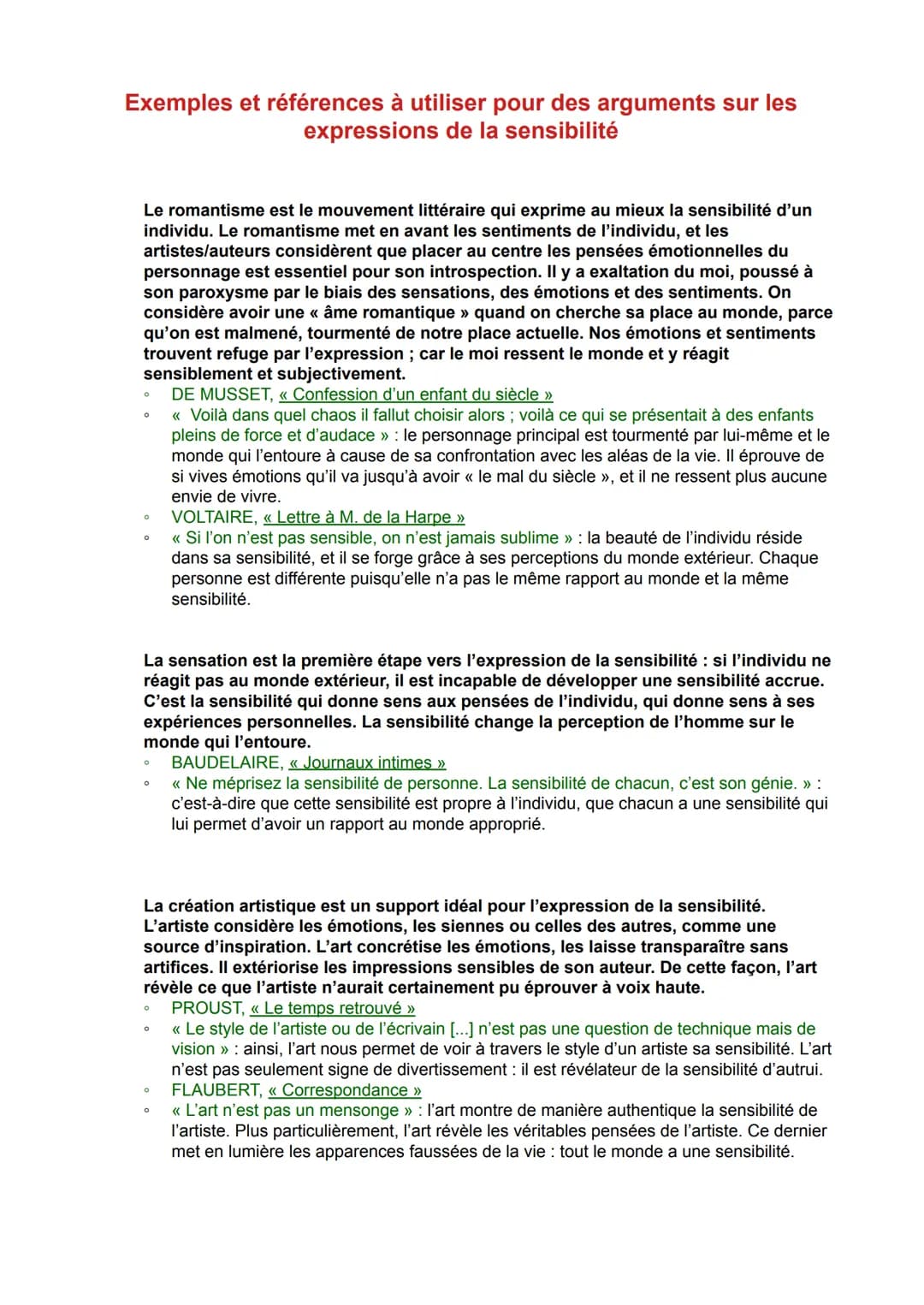 Exemples et références à utiliser pour des arguments sur les
expressions de la sensibilité
Le romantisme est le mouvement littéraire qui exp