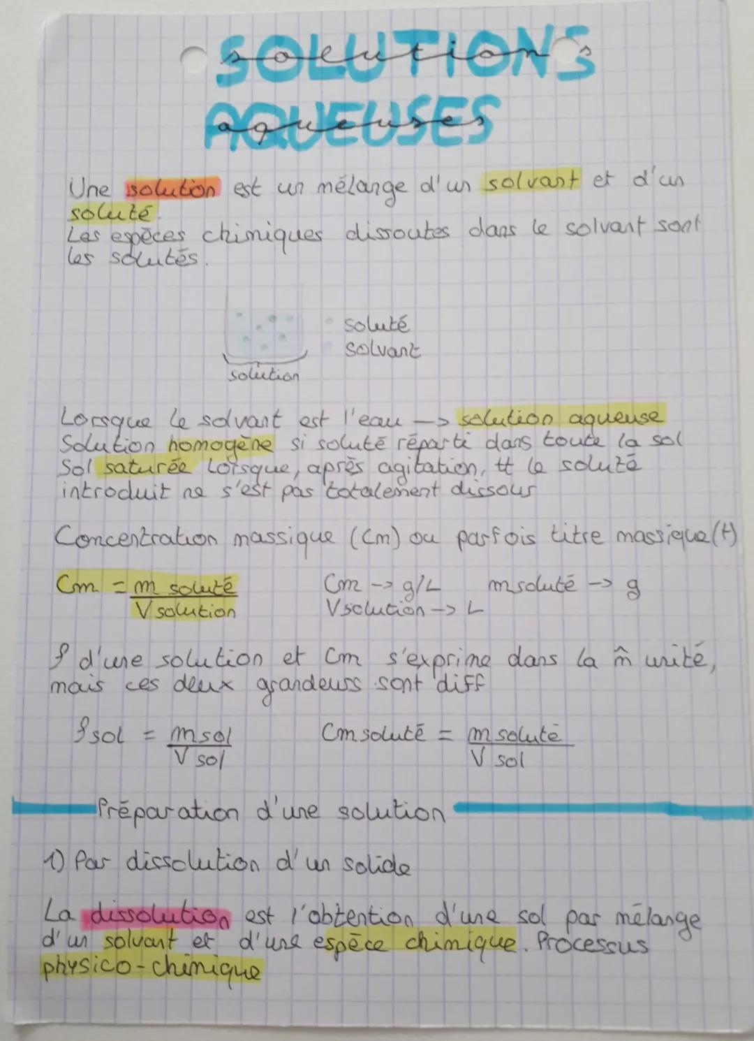 # SOLUTIONS

AQUEUSES

Une solution est un mélange d'un solvast et d'un
soluté
Les espèces chimiques dissoutes dans le solvant sont
les solu