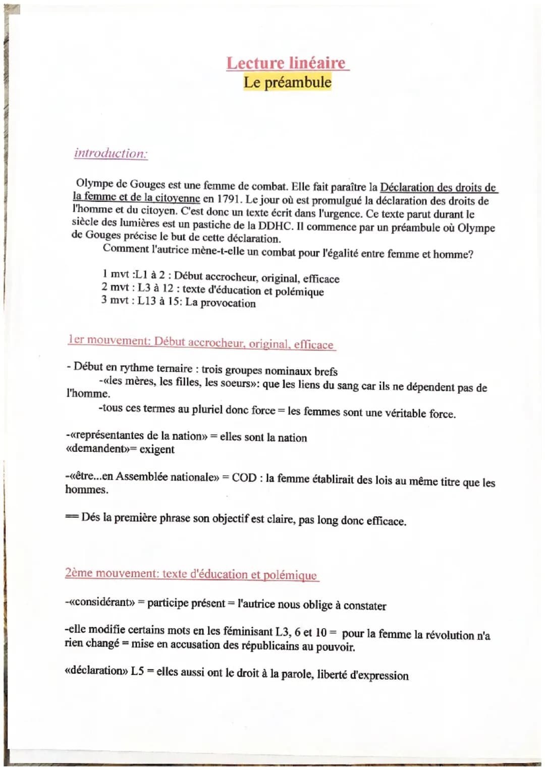 Lecture linéaire
Le préambule
introduction:
Olympe de Gouges est une femme de combat. Elle fait paraître la Déclaration des droits de
la fem