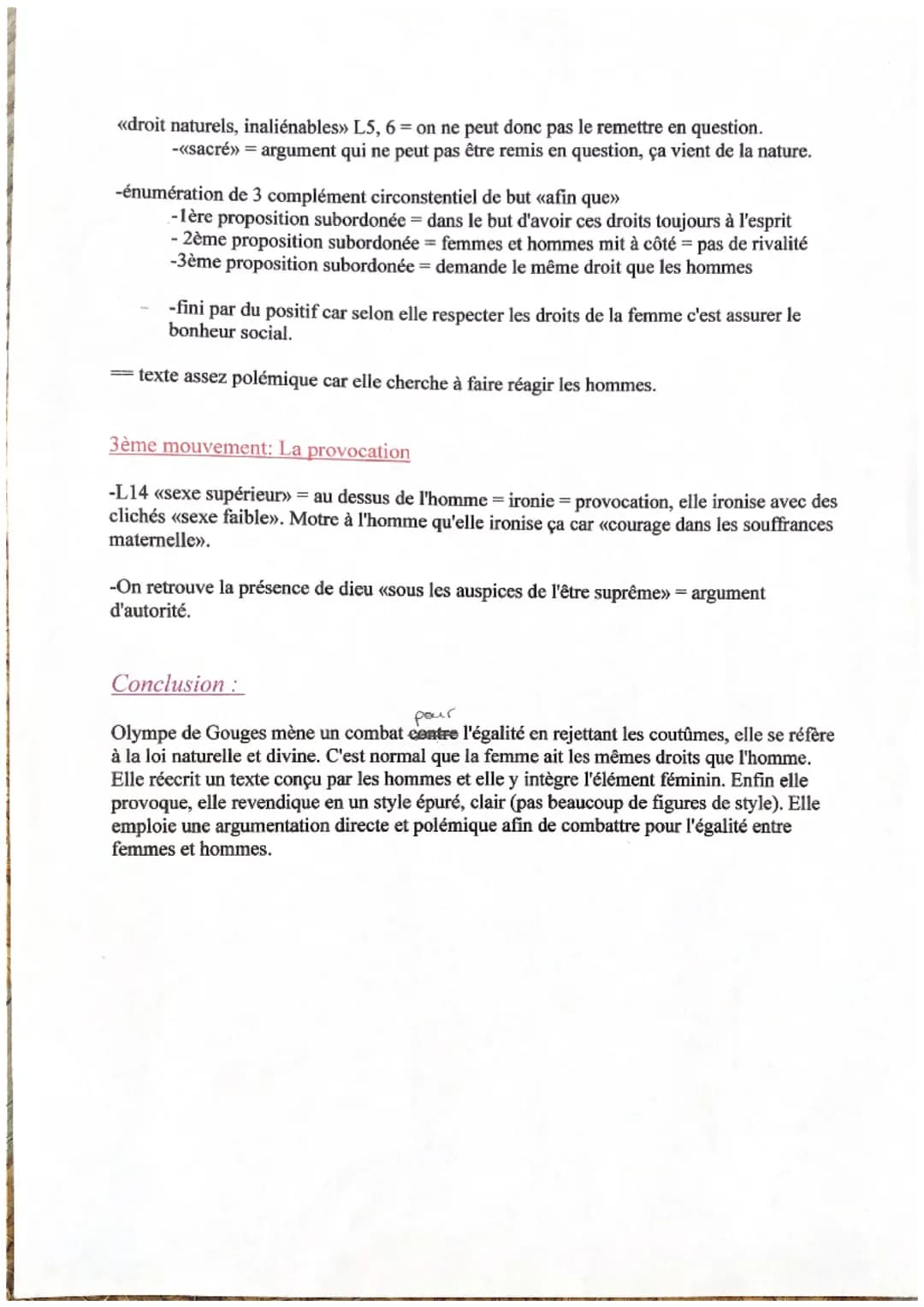 Lecture linéaire
Le préambule
introduction:
Olympe de Gouges est une femme de combat. Elle fait paraître la Déclaration des droits de
la fem