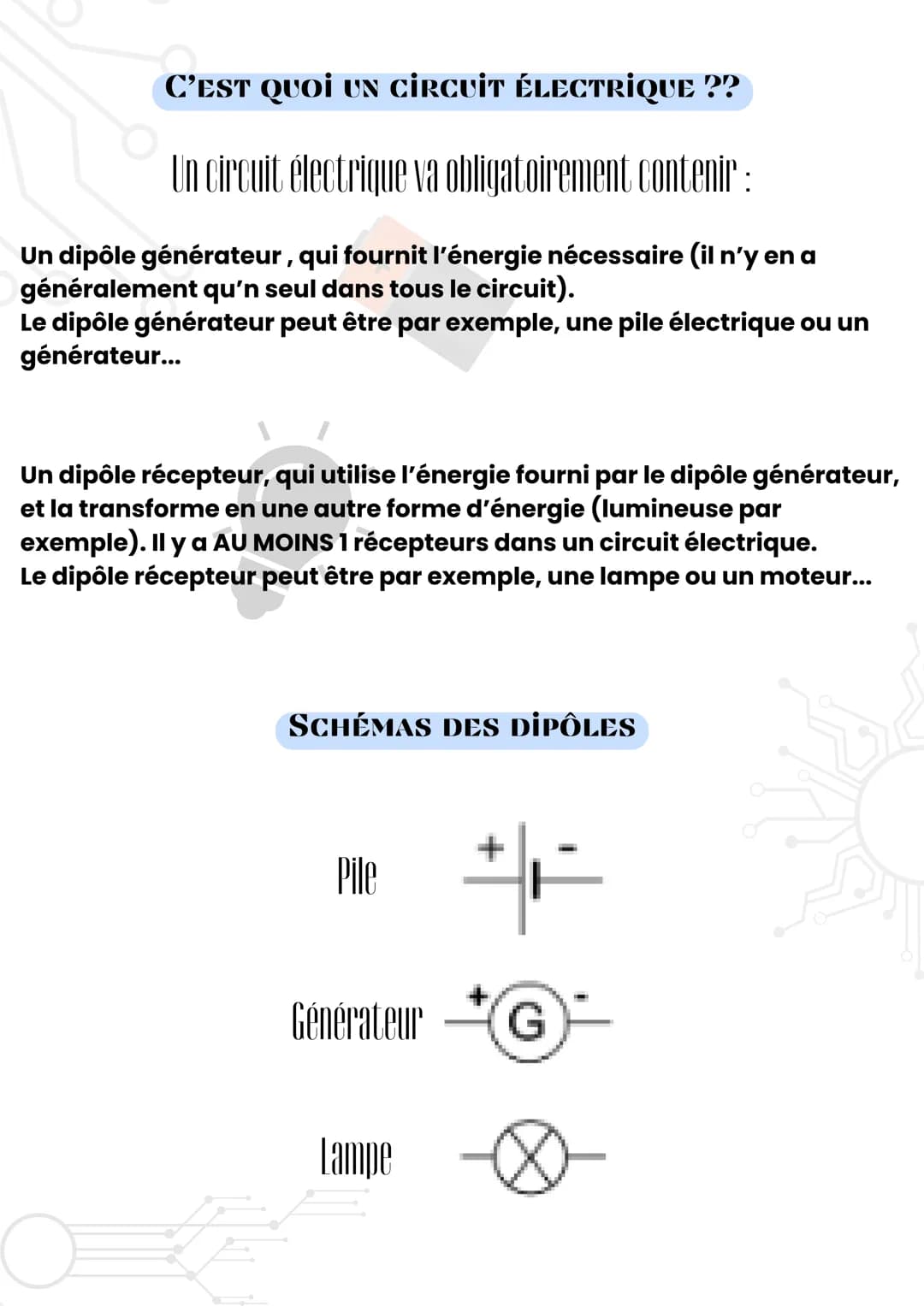C'EST QUOI UN CİRCUİT ÉLECTRIQUE ??
Un circuit électrique va obligatoirement contenir :
Un dipôle générateur, qui fournit l'énergie nécessai