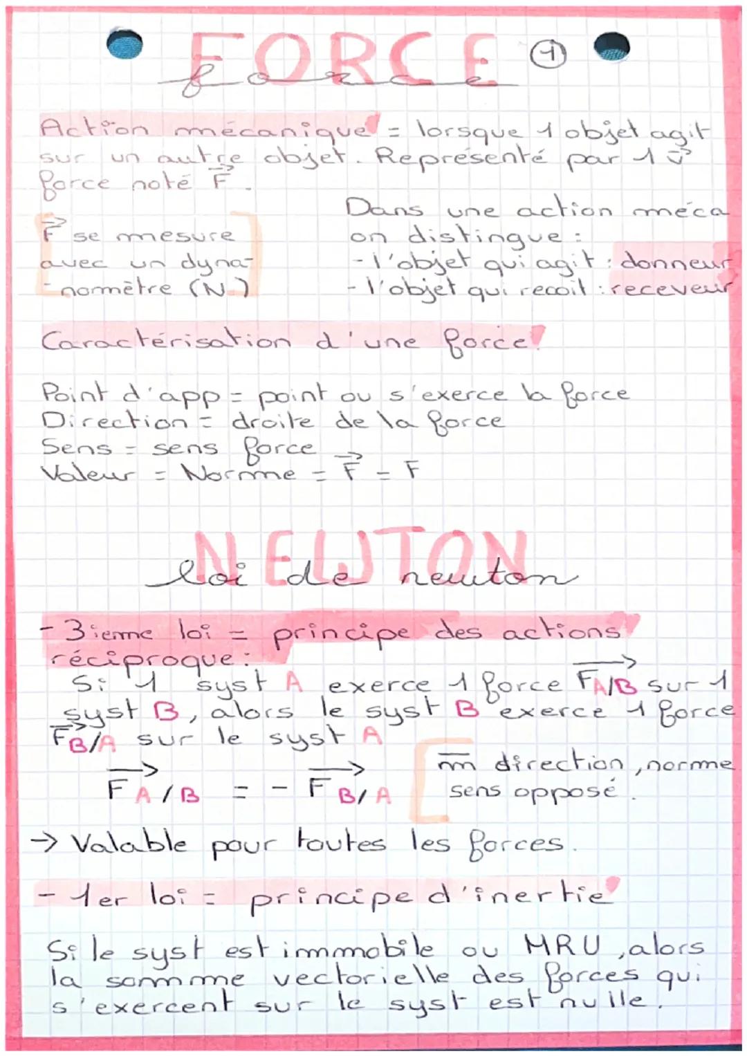 # FORCE

Action mécanique = lorsque 1 objet agit
sur un autre objet. Représenté par 1 $\overrightarrow{v}$
force note $\overrightarrow{F}$.
