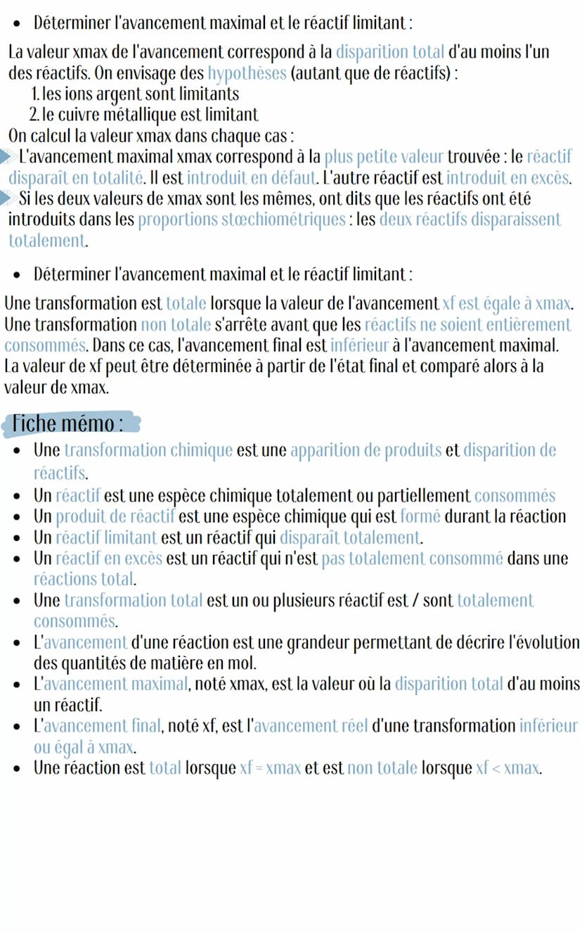 1. Réactif limitant:3
Lorsqu'un réactif n'est plus présent dans le système, l'évolution de la
transformation chimique s'arrête. Le réactif a
