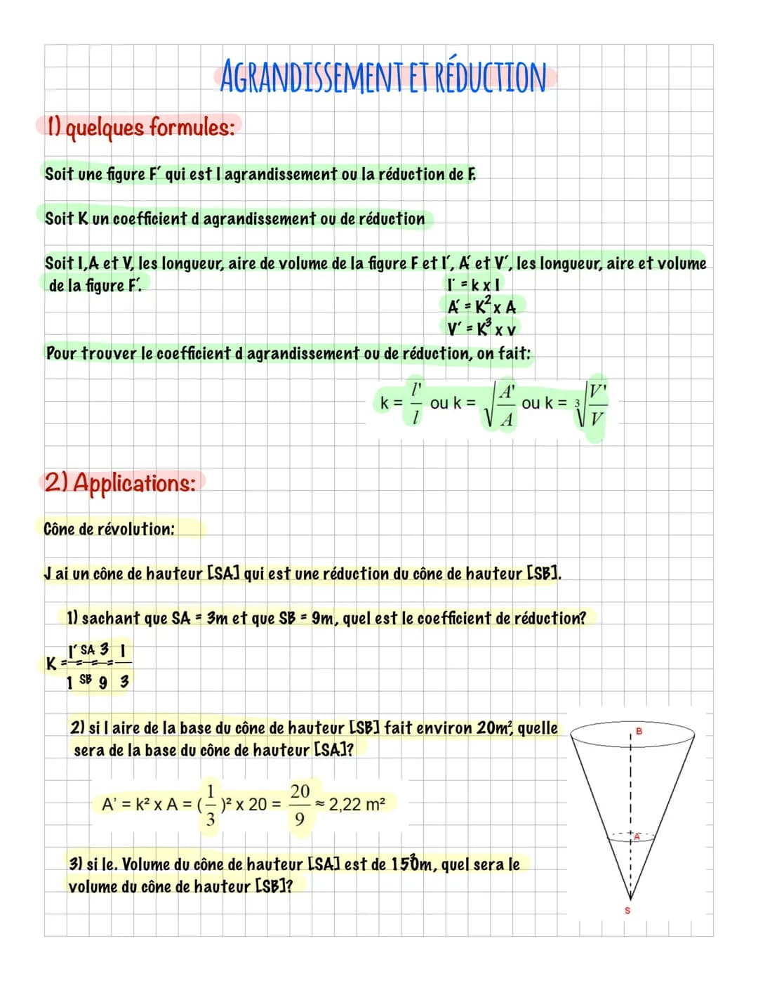 1) quelques formules:
Soit une figure F' qui est I agrandissement ou la réduction de F.
Soit K un coefficient d agrandissement ou de réducti