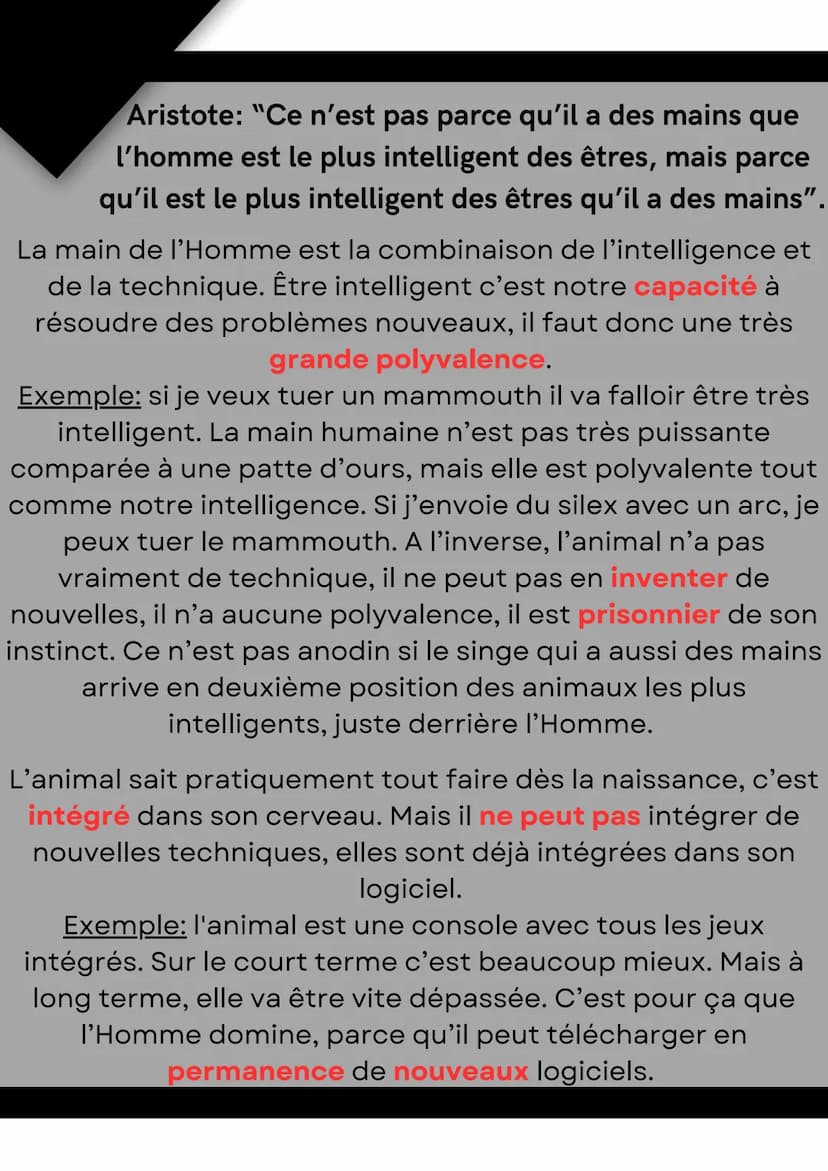 LA TECHNIQUE
Défintion:
Le savoir-faire et/ou l'ensemble de tous les objets
fabriqués par l'homme.
La technique chez l'humain va lui permett