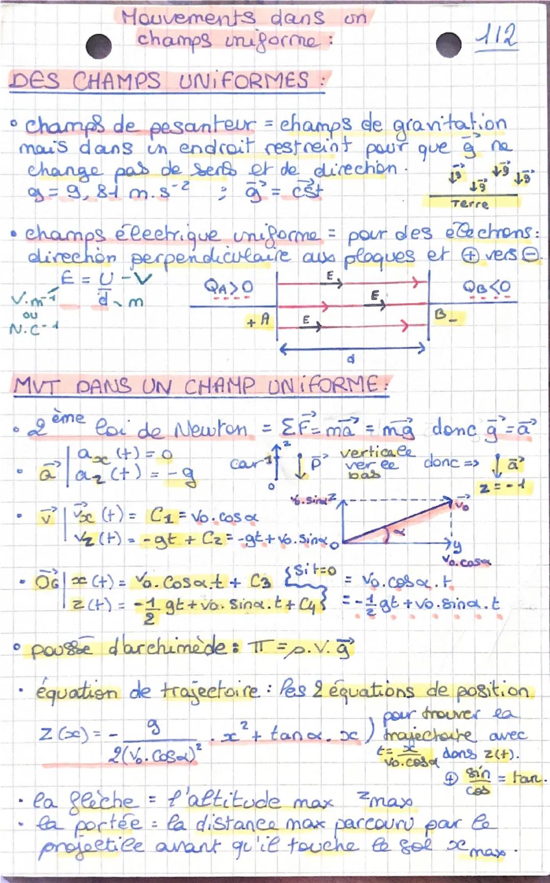 Mouvements dans un
champs uniforme:
DES CHAMPS UNIFORMES:
о
412
champs de pesanteur = champs de gravitation
mais dans in endroit restreint p
