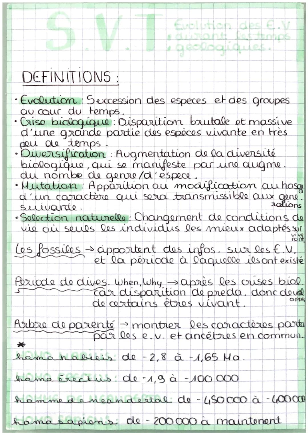 S.VI.
durant for temps
le geologique
DEFINITIONS:
•Evolution: Succession des especes et des groupes
au cour du temps.
• Crise biologique: Di
