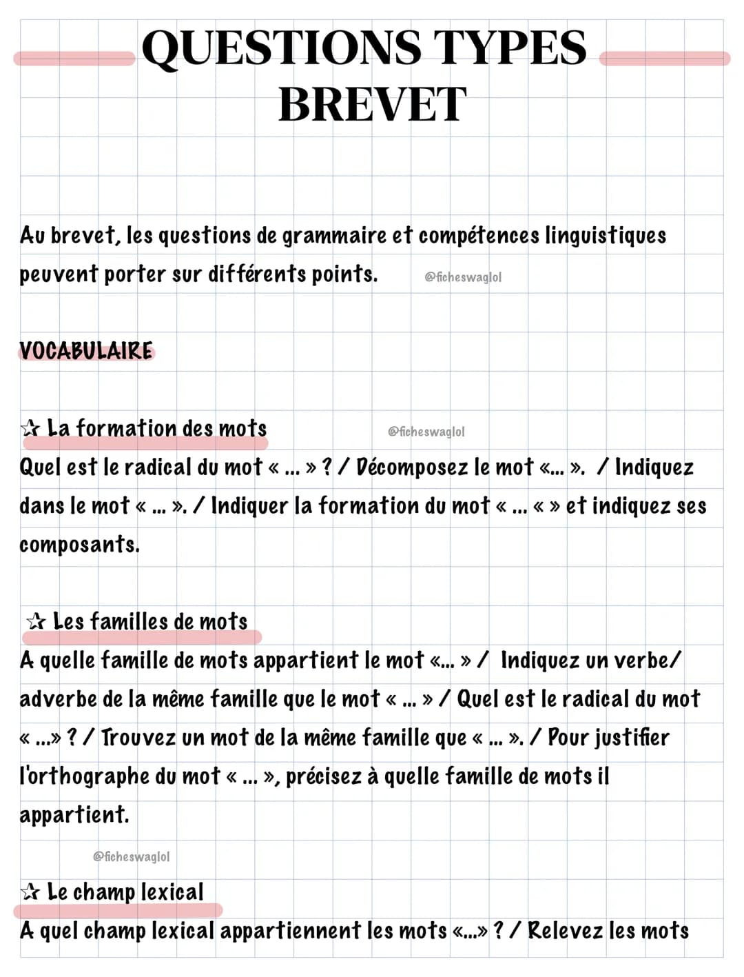 QUESTIONS TYPES
Au brevet, les questions de grammaire et compétences linguistiques
peuvent porter sur différents points. @ficheswaglol
VOCAB