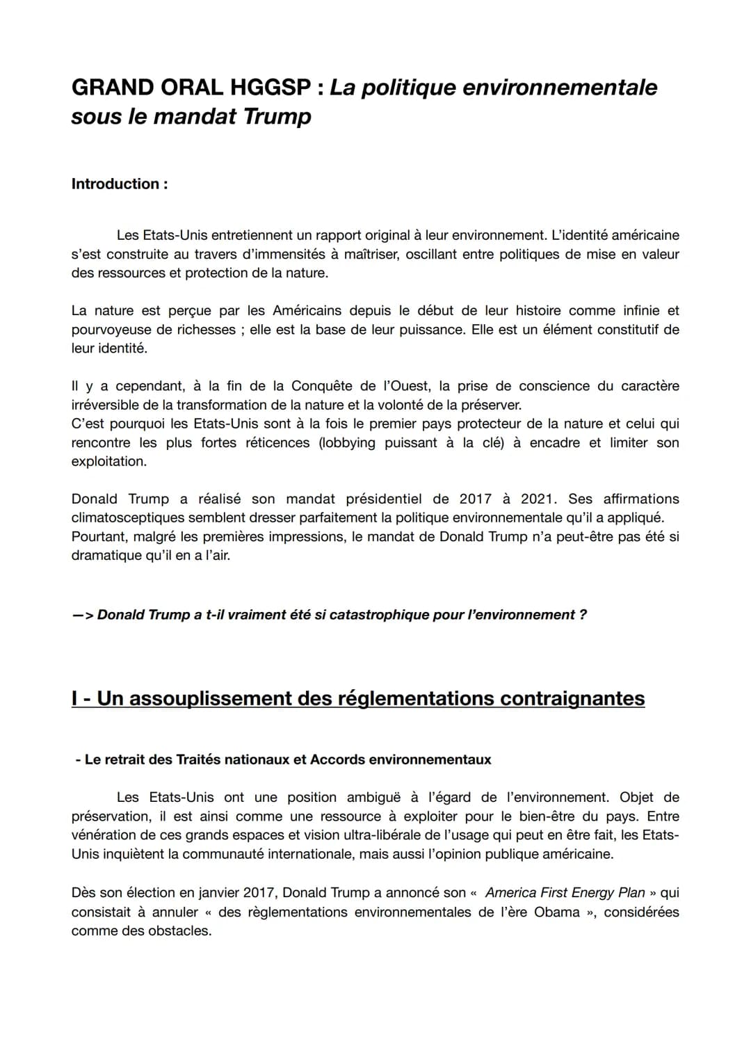 GRAND ORAL HGGSP : La politique environnementale
sous le mandat Trump
Introduction :
Les Etats-Unis entretiennent un rapport original à leur