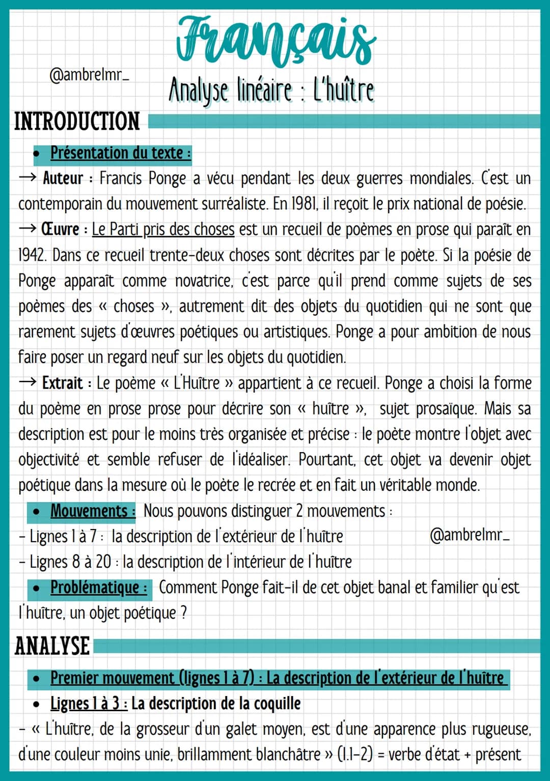 @ambrelmr_
INTRODUCTION
Français
Analyse linéaire : L'huître
Présentation du texte :
→ Auteur : Francis Ponge a vécu pendant les deux guerre