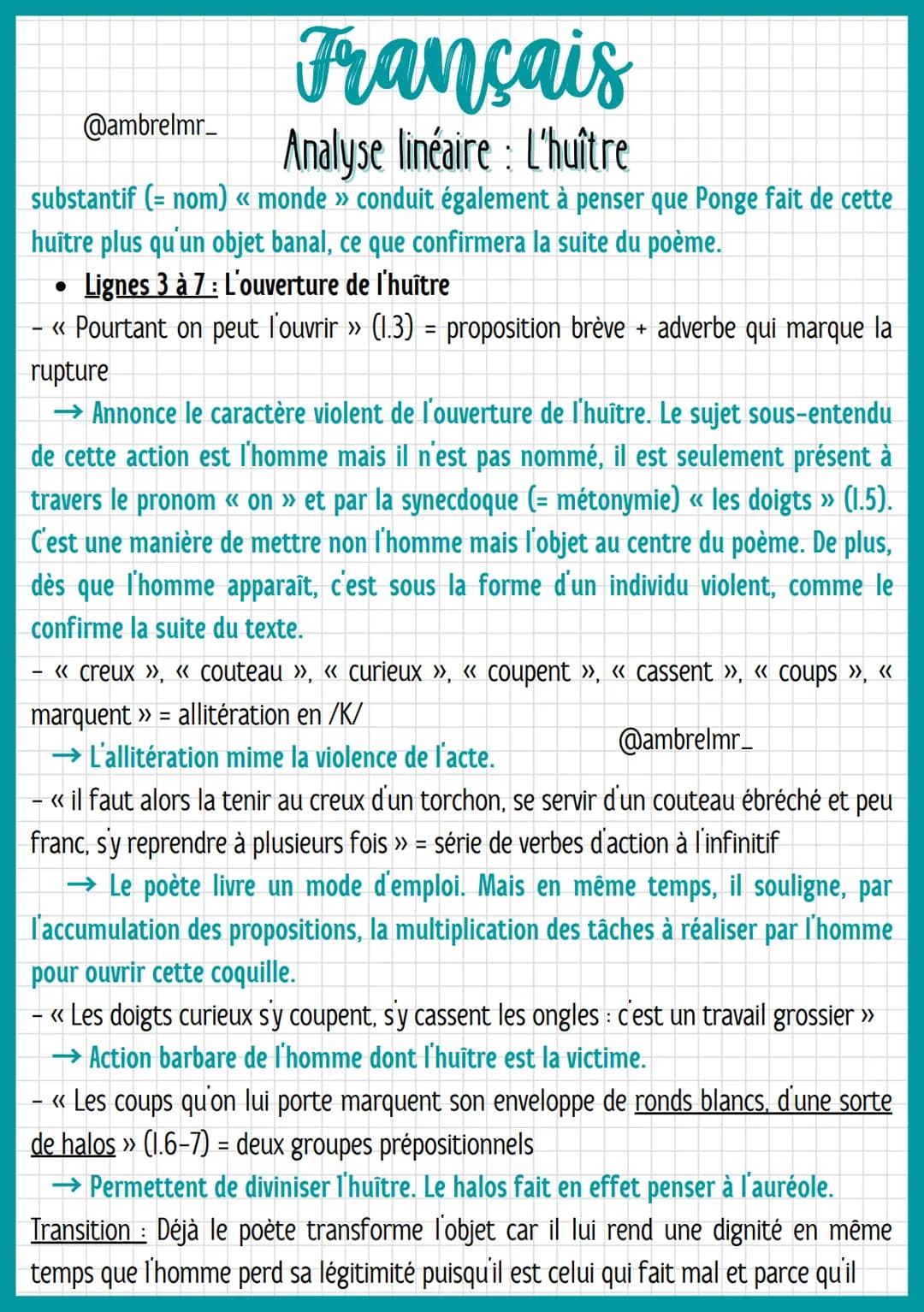 @ambrelmr_
INTRODUCTION
Français
Analyse linéaire : L'huître
Présentation du texte :
→ Auteur : Francis Ponge a vécu pendant les deux guerre