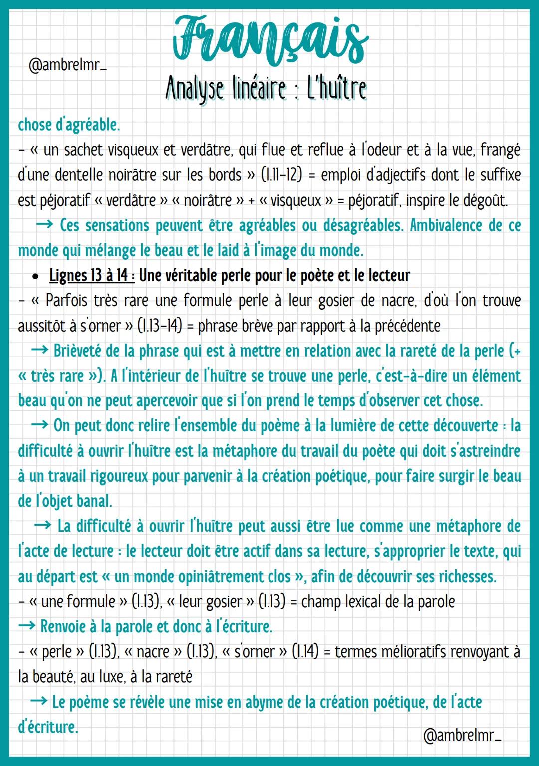 @ambrelmr_
INTRODUCTION
Français
Analyse linéaire : L'huître
Présentation du texte :
→ Auteur : Francis Ponge a vécu pendant les deux guerre