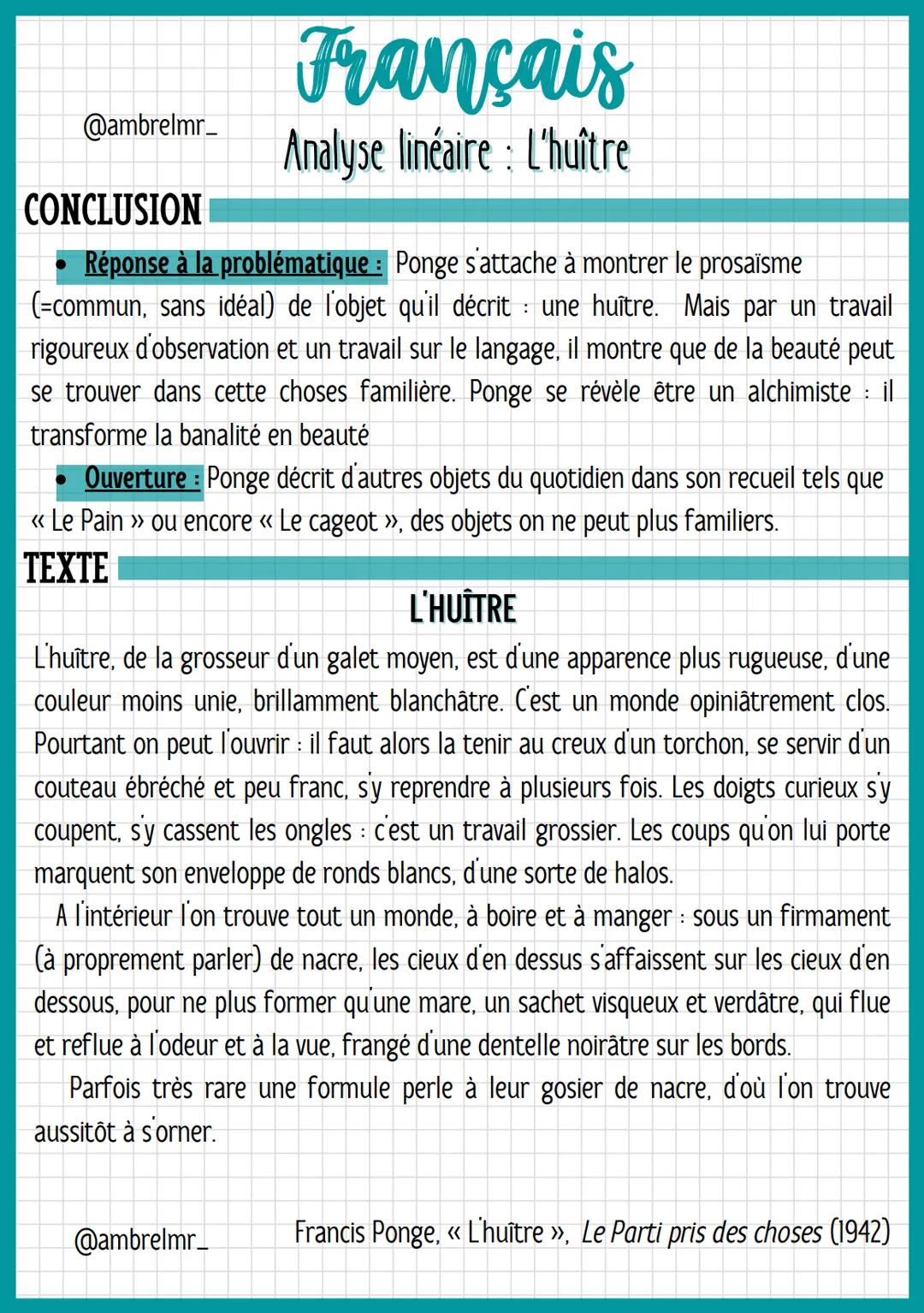 @ambrelmr_
INTRODUCTION
Français
Analyse linéaire : L'huître
Présentation du texte :
→ Auteur : Francis Ponge a vécu pendant les deux guerre