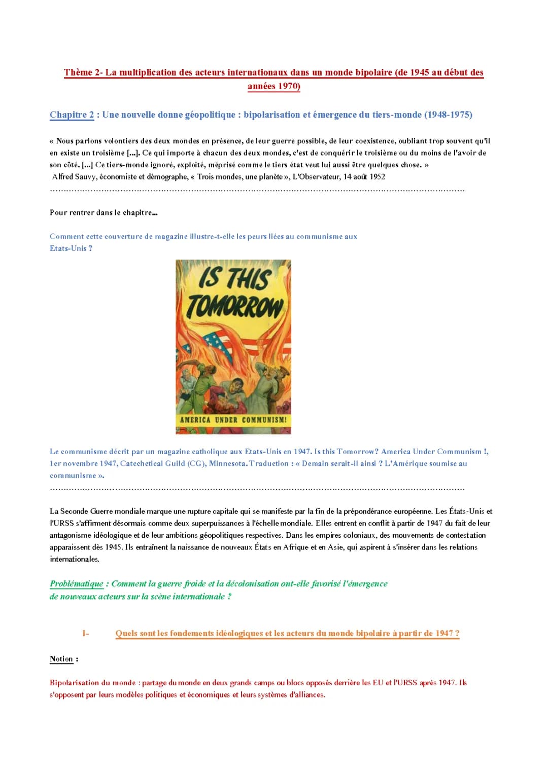 Bipolarisation du Monde et Émergence du Tiers-Monde (1948-1975) - PDF et Résumé