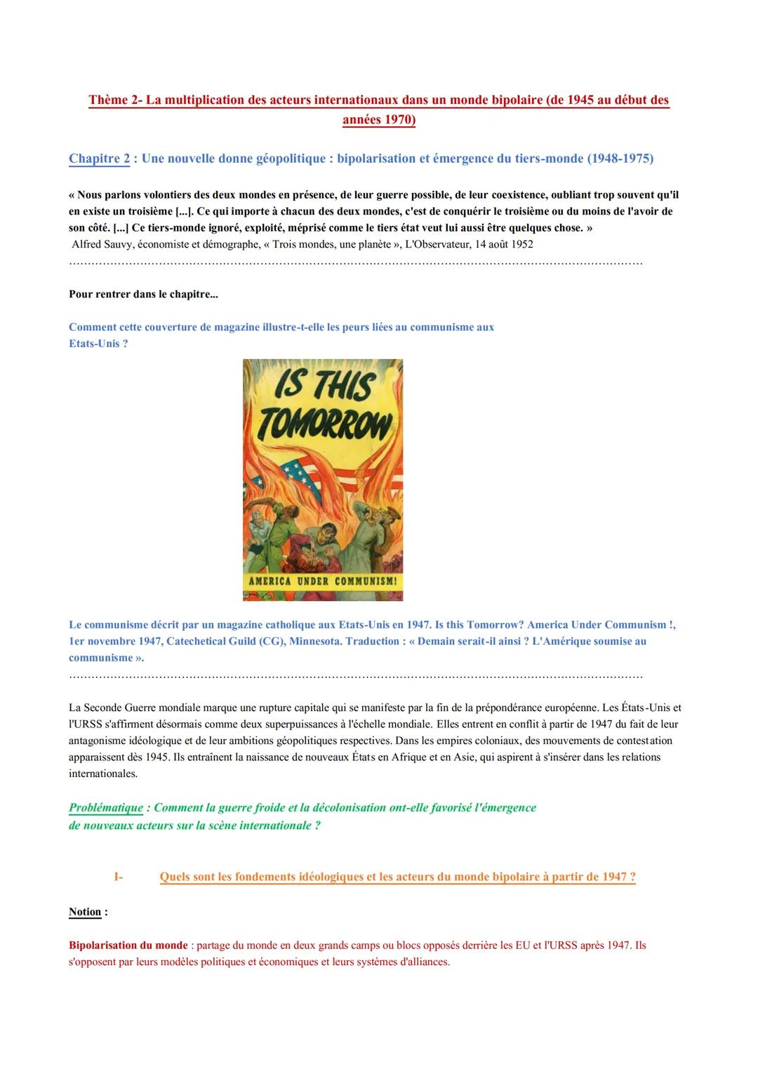 Thème 2- La multiplication des acteurs internationaux dans un monde bipolaire (de 1945 au début des
années 1970)
Chapitre 2 : Une nouvelle d